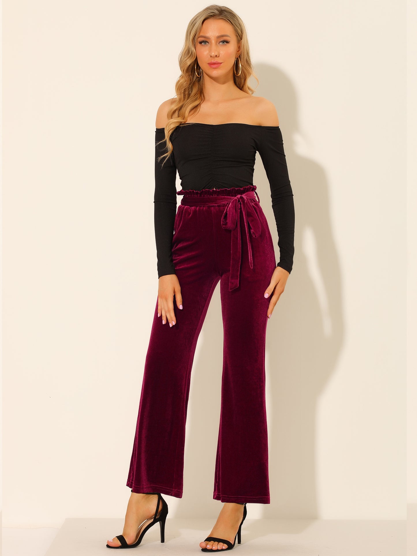Pantalones de terciopelo para mujer, elásticos, de pierna ancha y con bolsillos, para Halloween