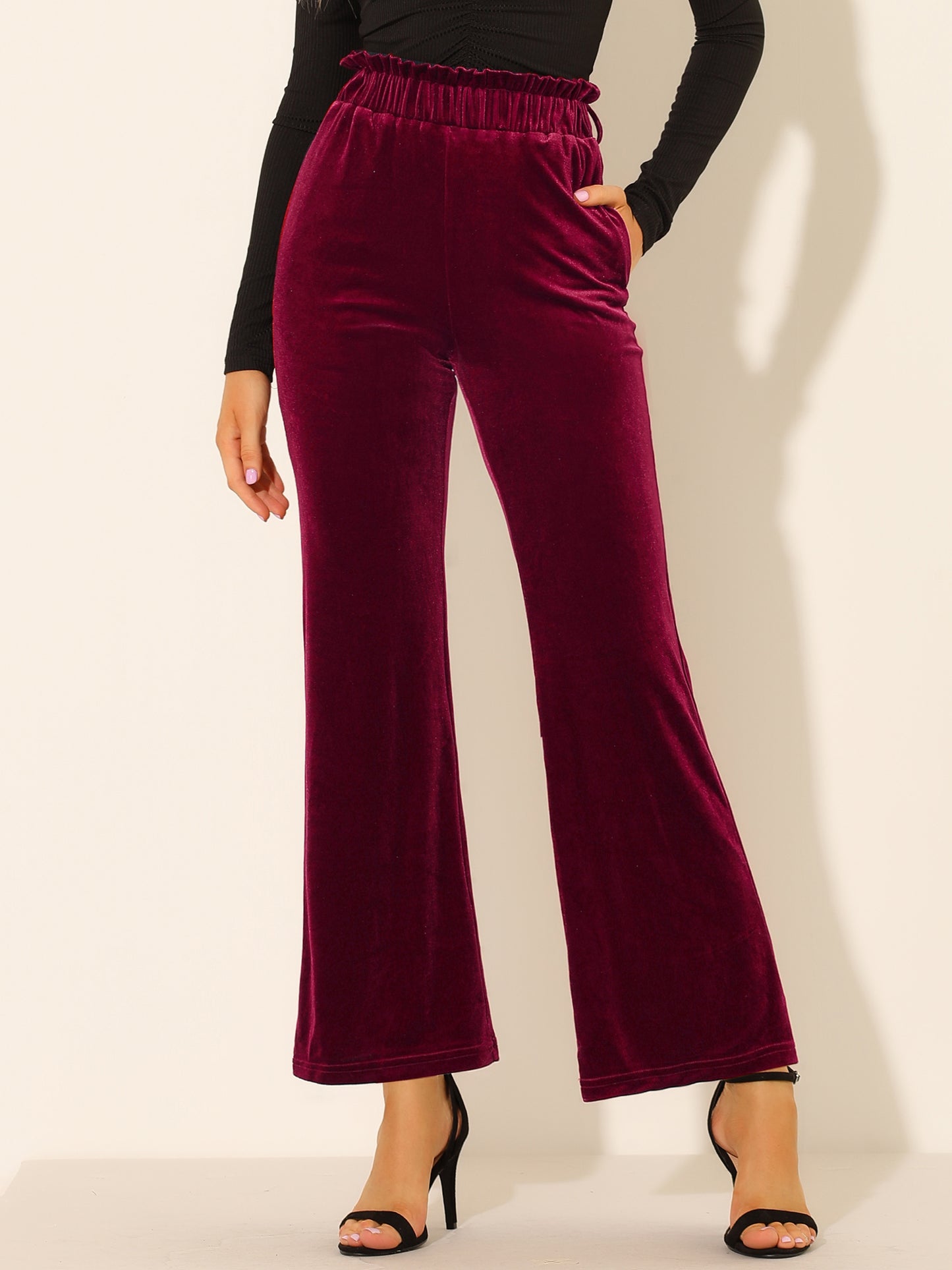 Pantalones de terciopelo para mujer, elásticos, de pierna ancha y con bolsillos, para Halloween