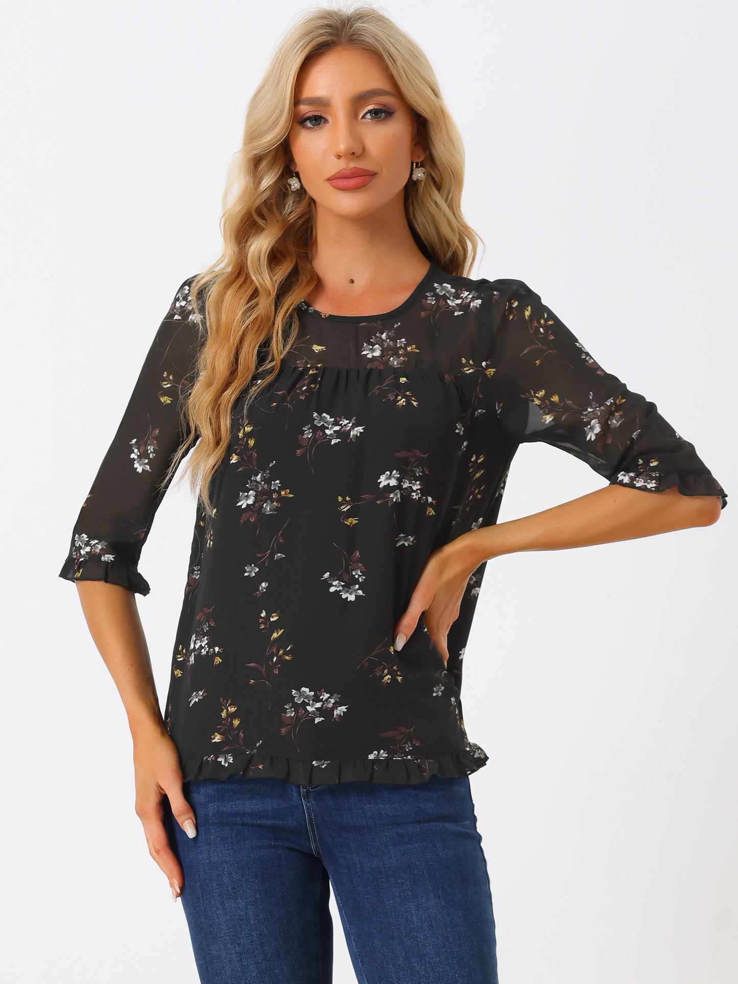 Women's Casual Ruffle 3/4 Sleeve Floral Print Chiffon Blouse (Available in Plus Size)