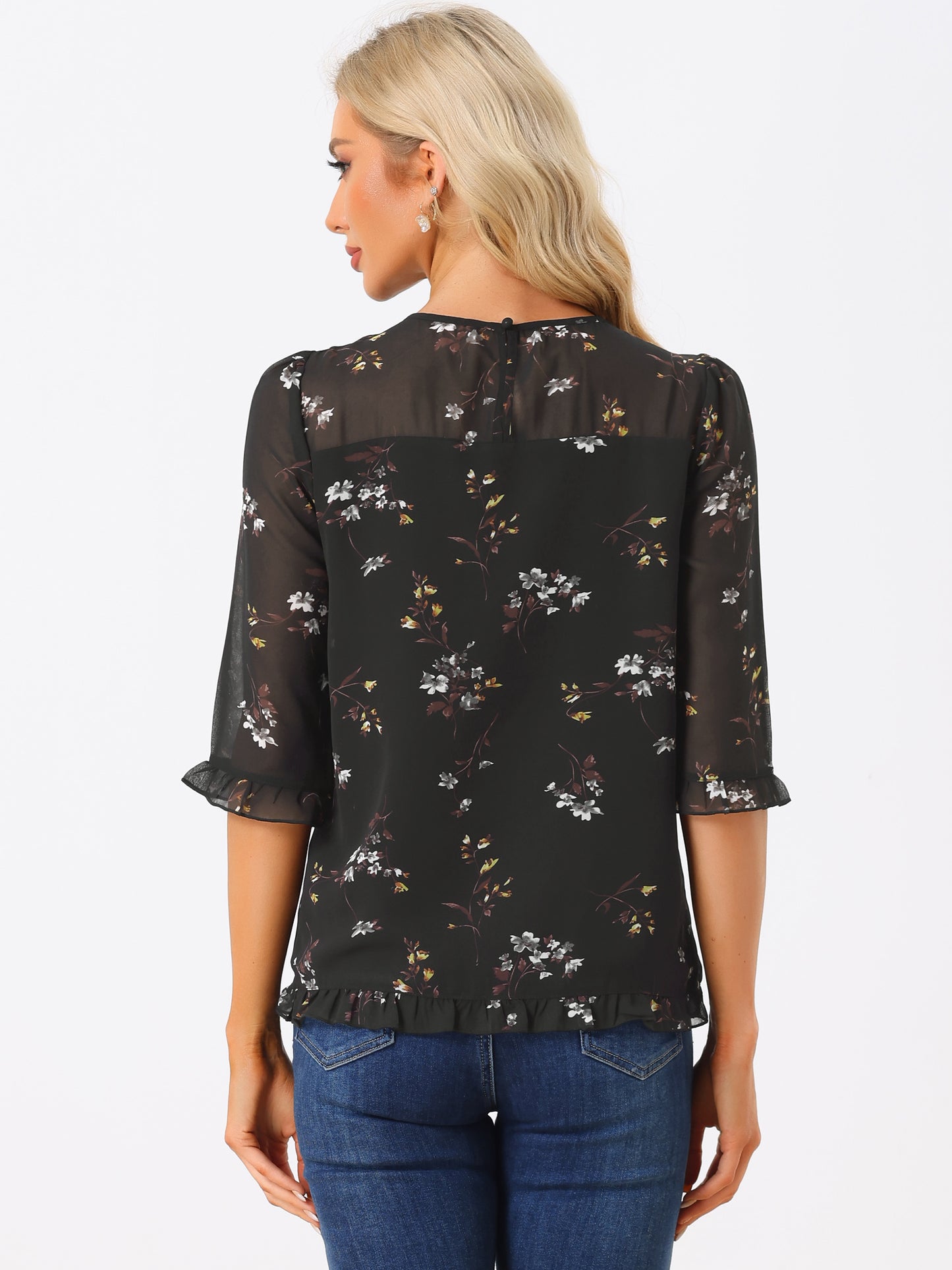 Women's Casual Ruffle 3/4 Sleeve Floral Print Chiffon Blouse (Available in Plus Size)