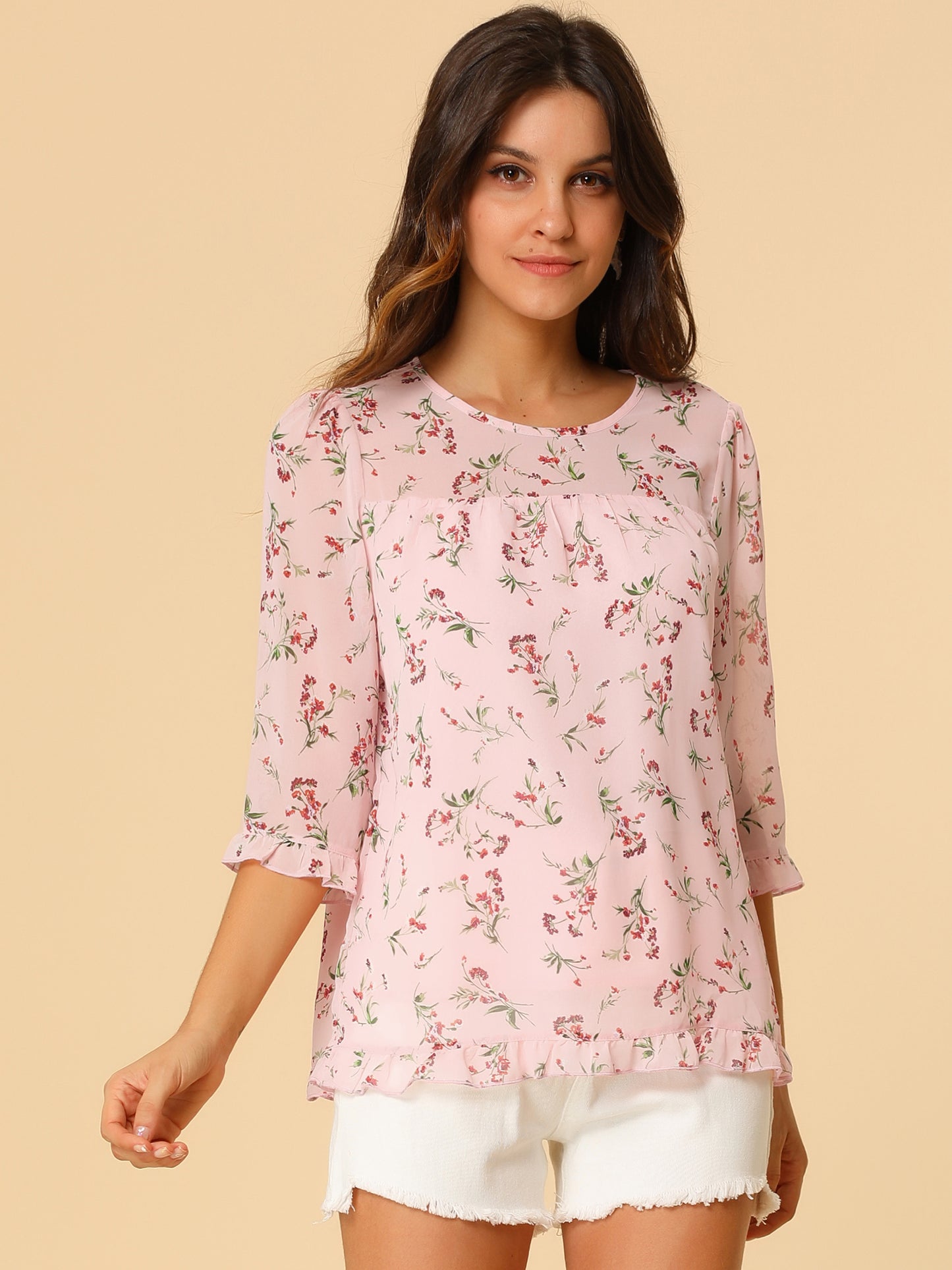 Women's Casual Ruffle 3/4 Sleeve Floral Print Chiffon Blouse