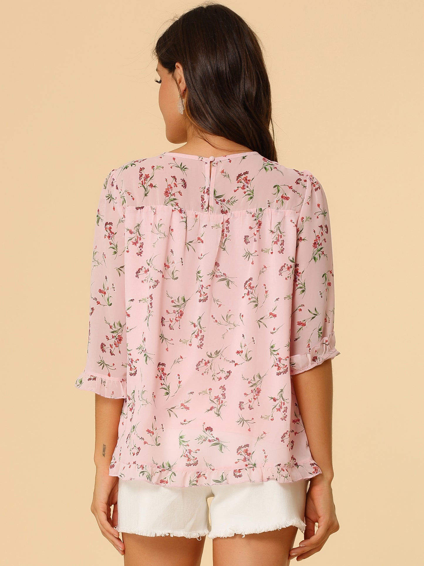 Women's Casual Ruffle 3/4 Sleeve Floral Print Chiffon Blouse