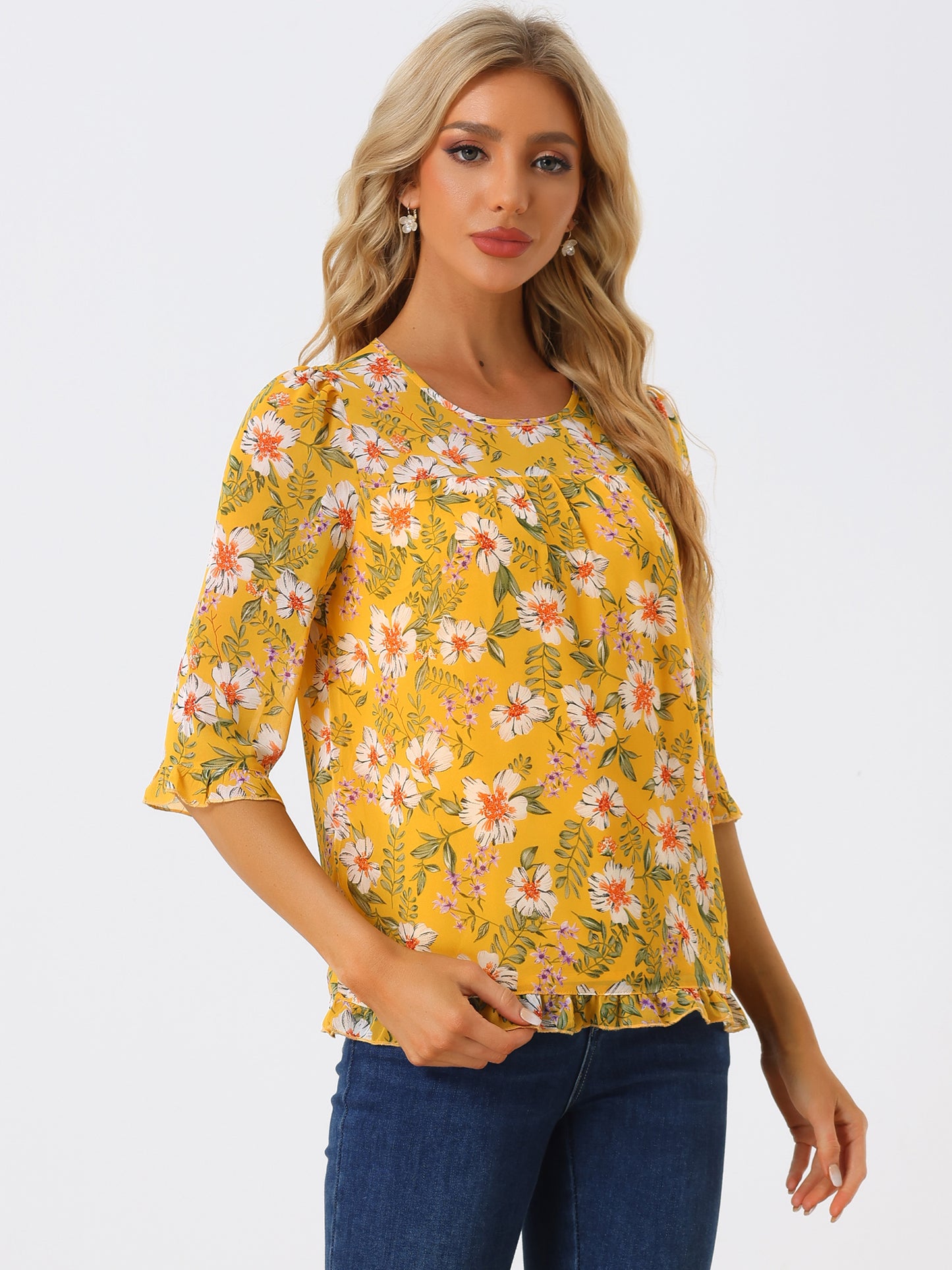 Women's Casual Ruffle 3/4 Sleeve Floral Print Chiffon Blouse