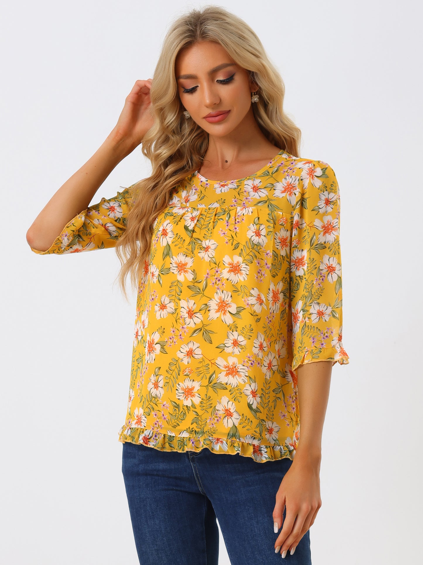 Women's Casual Ruffle 3/4 Sleeve Floral Print Chiffon Blouse