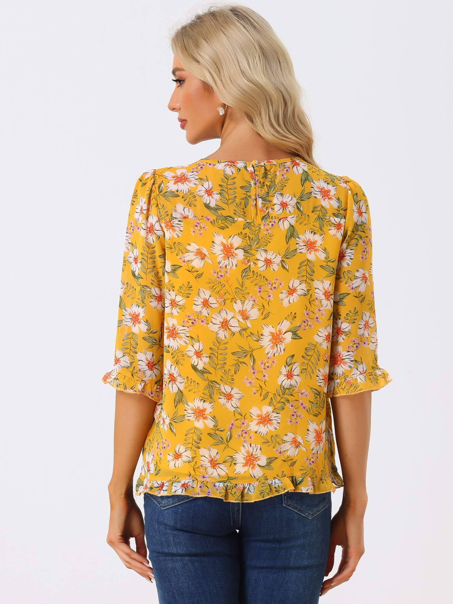 Women's Casual Ruffle 3/4 Sleeve Floral Print Chiffon Blouse