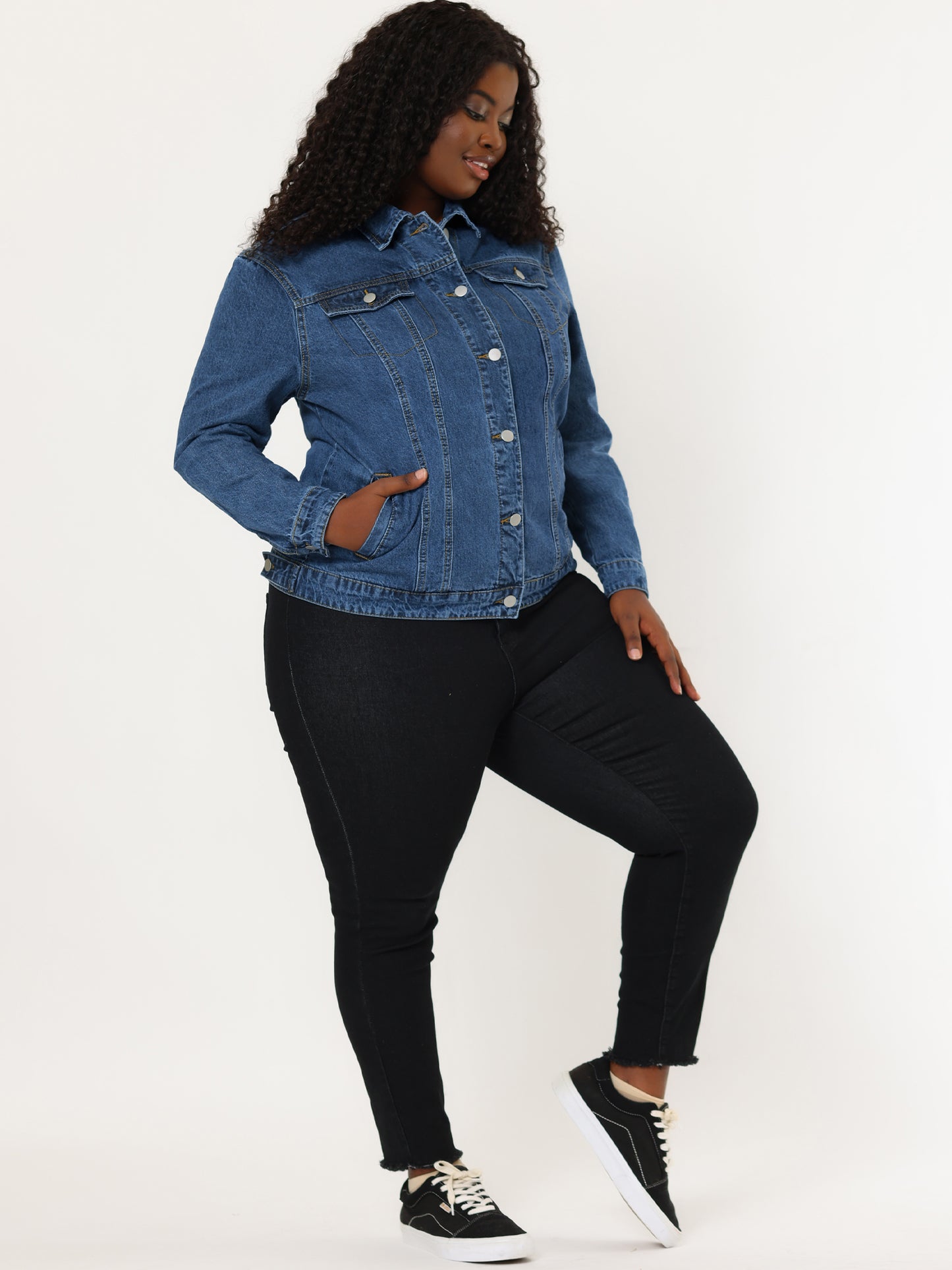 Women's Plus Size Jean Jacket Stitching Button Front Washed Denim Jacket