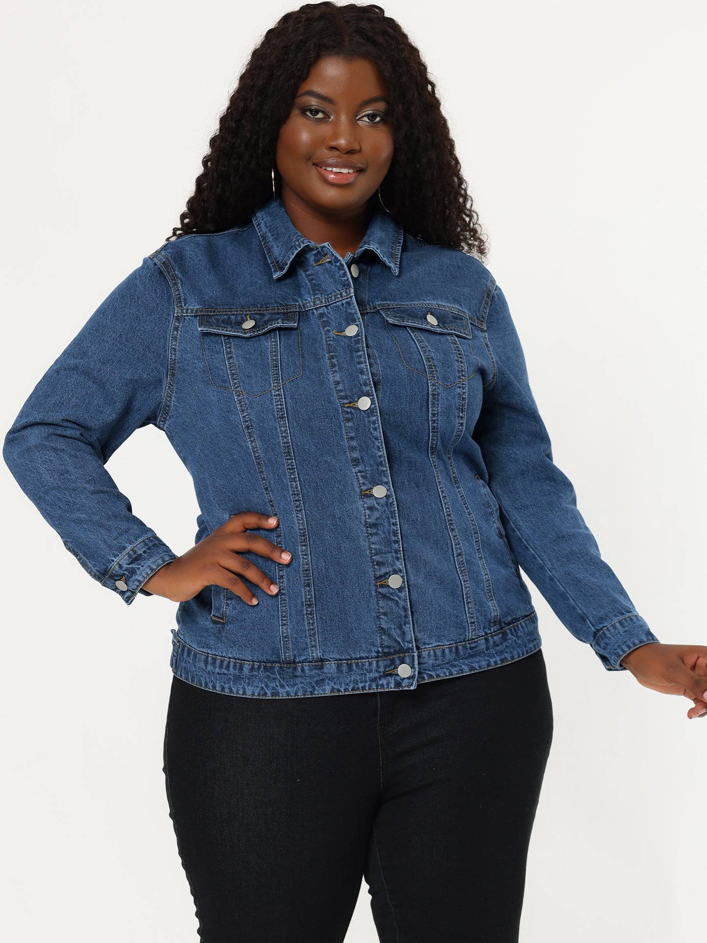 Women's Plus Size Jean Jacket Stitching Button Front Washed Denim Jacket