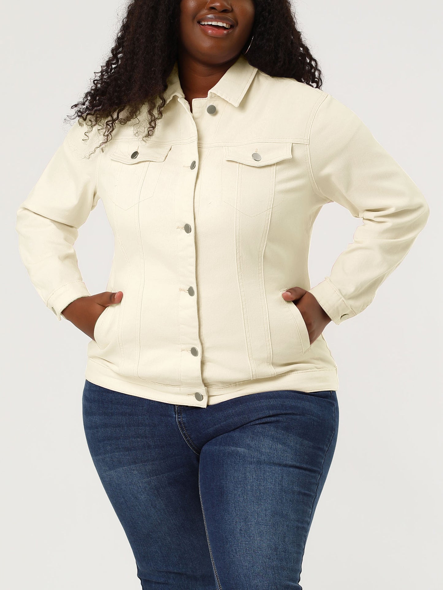 Women's Plus Size Jean Jacket Stitching Button Front Washed Denim Jacket
