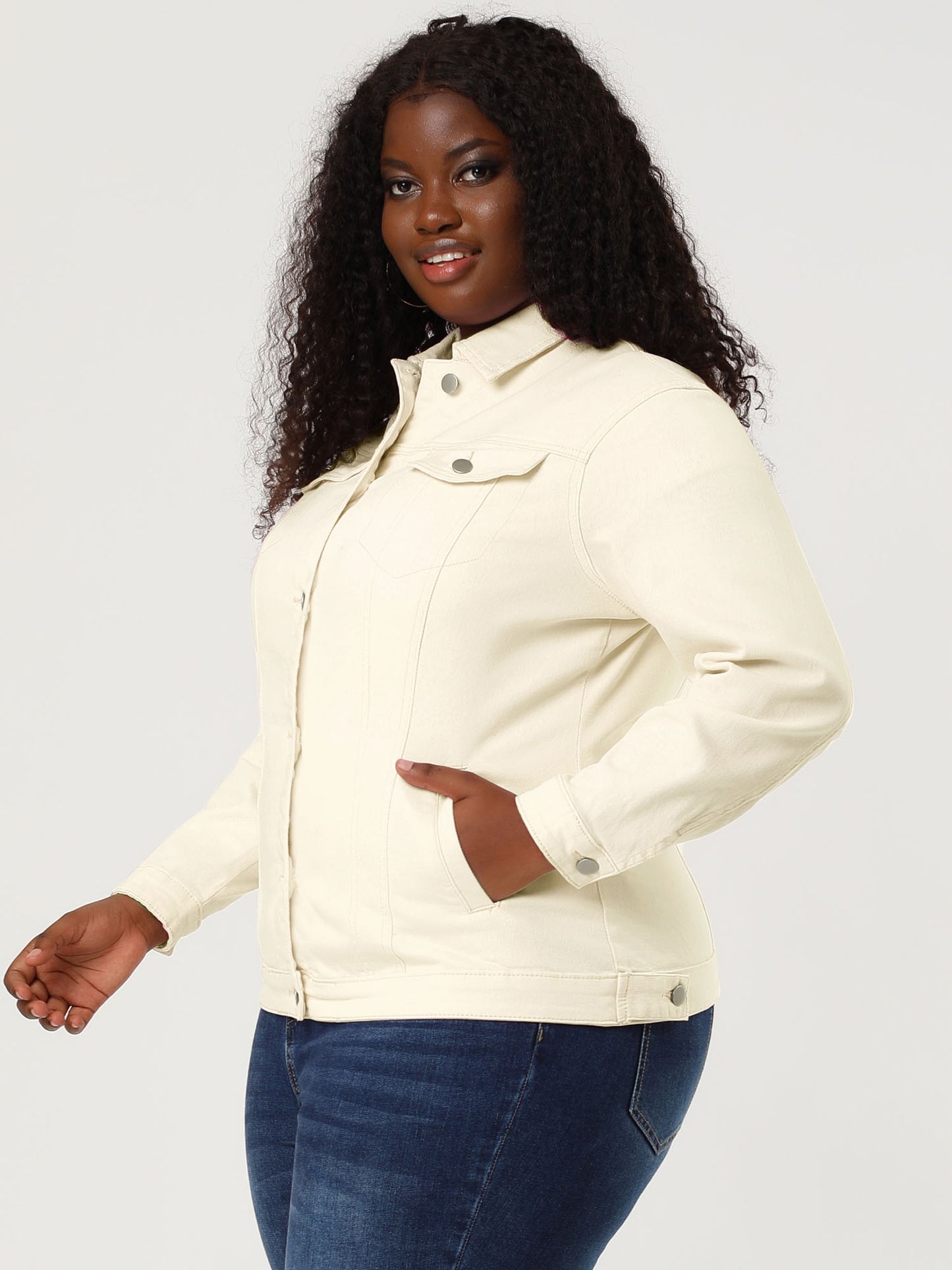 Women's Plus Size Jean Jacket Stitching Button Front Washed Denim Jacket
