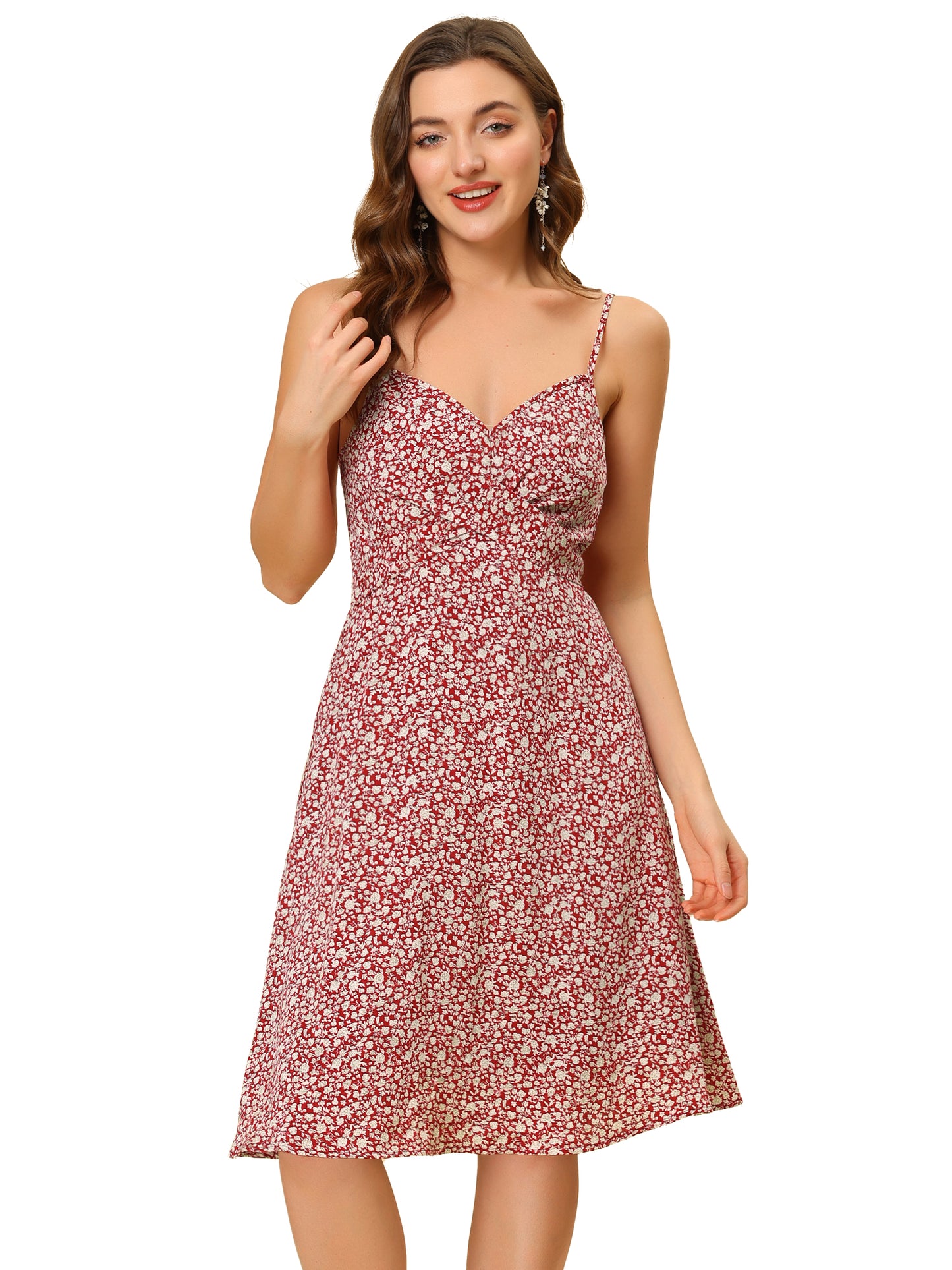 Women's Floral Twist Front Knee Length Adjustable Strap Summer Dress