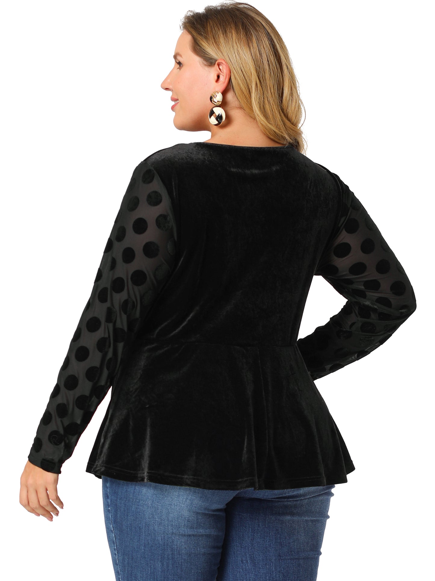 Women Plus Size Top Polka Dots Sheer Sleeve Velvet Peplum Top