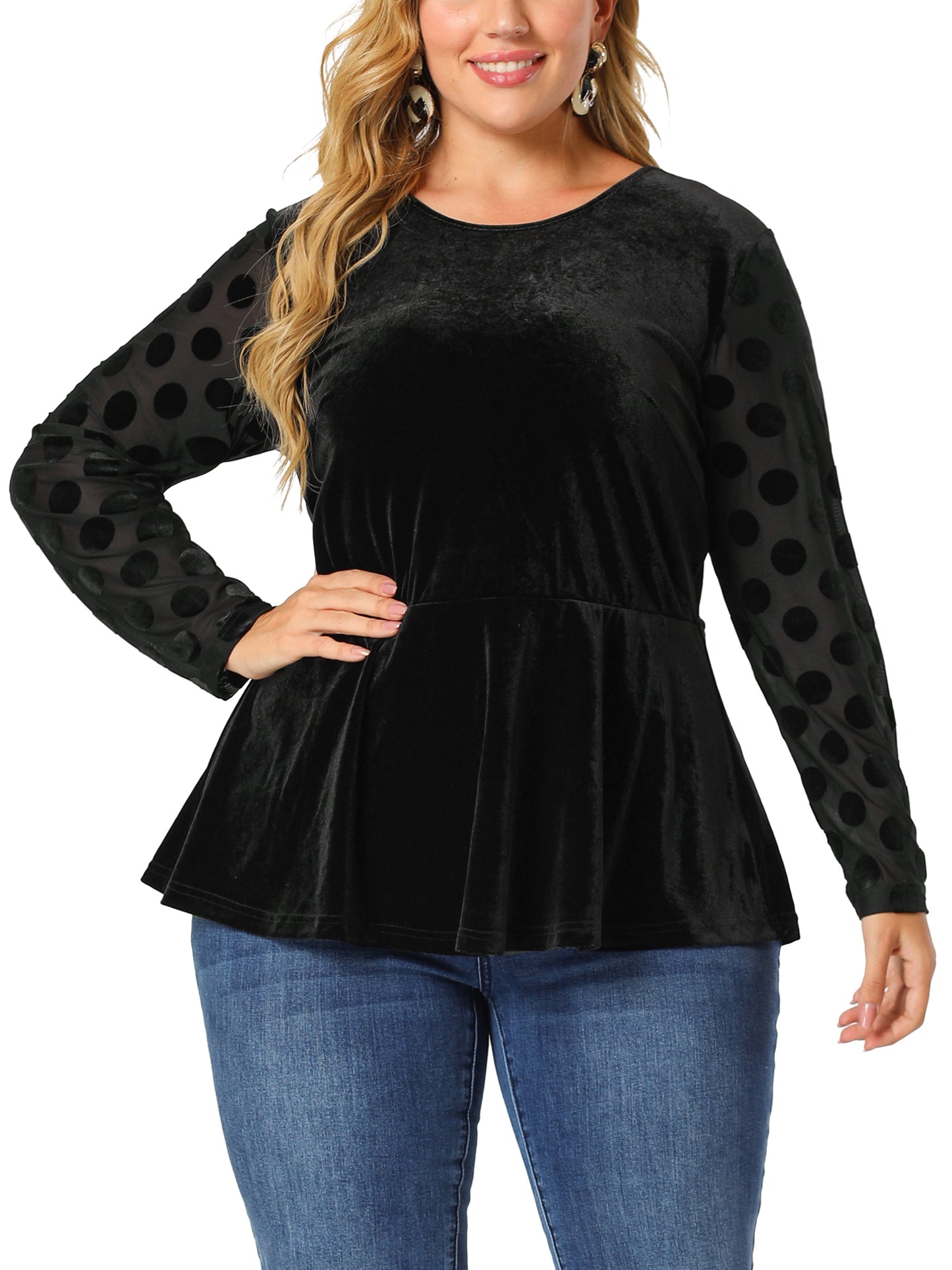 Women Plus Size Top Polka Dots Sheer Sleeve Velvet Peplum Top