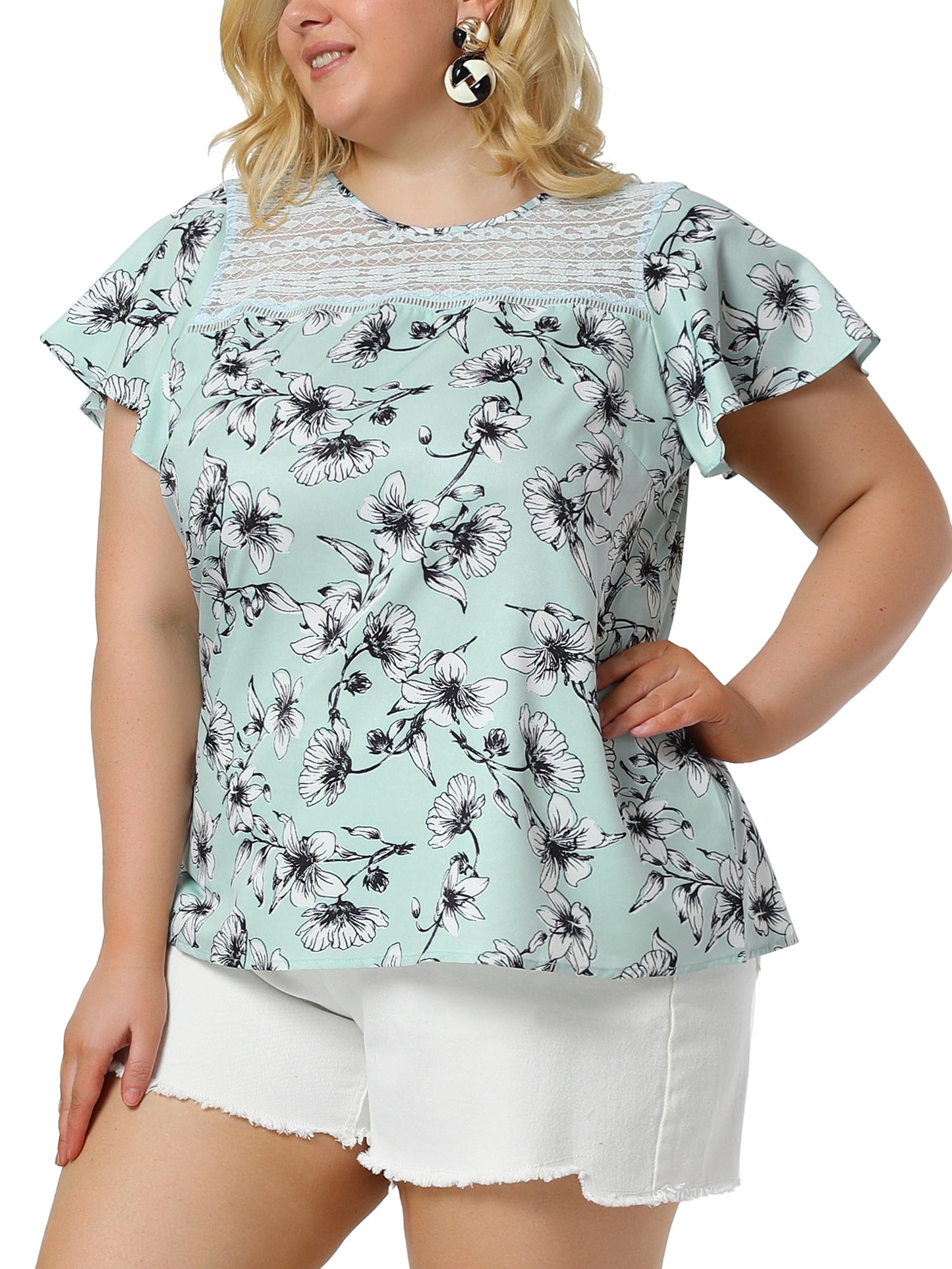 Women Plus Size Flared Sleeve Floral Summer Lace Panel Tunic Blouse