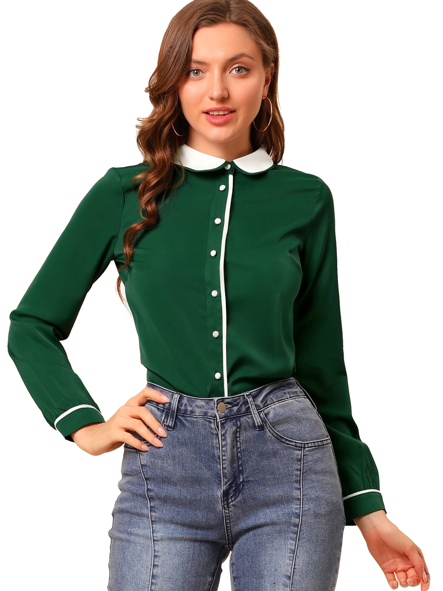 Women's Long Sleeve Contrast Peter Pan Collar Office Work Button Down Shirt
