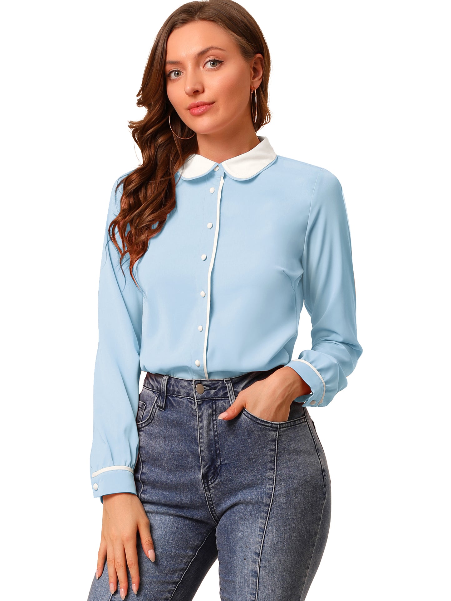 Women's Long Sleeve Contrast Peter Pan Collar Office Work Button Down Shirt
