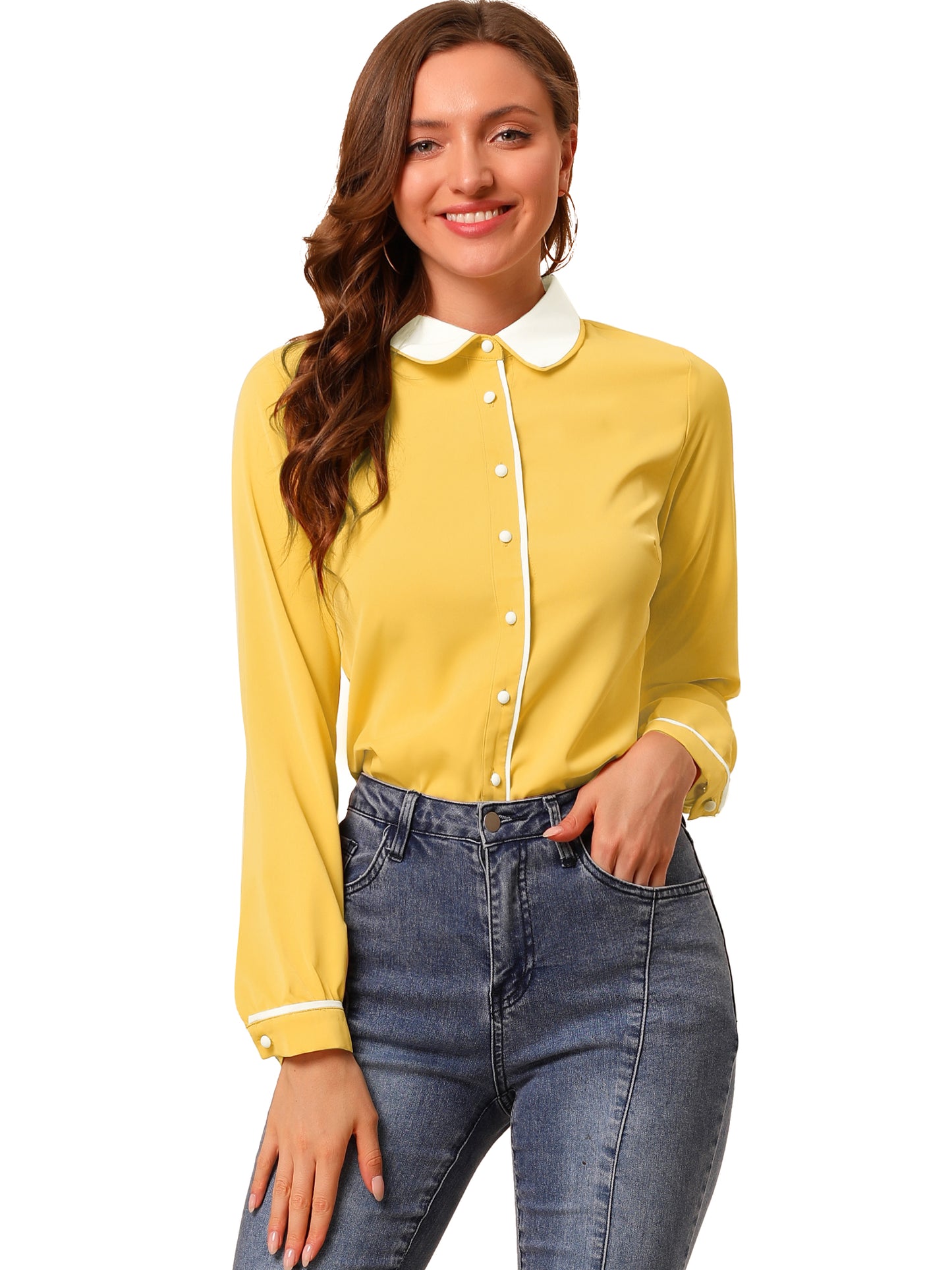 Women's Long Sleeve Contrast Peter Pan Collar Office Work Button Down Shirt