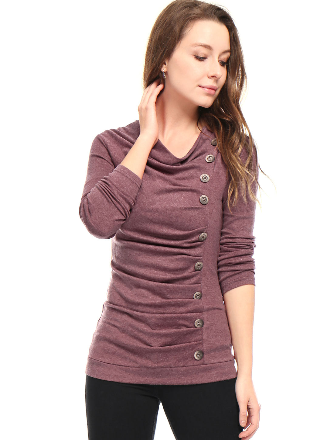 Women's Cowl Neck Long Sleeves Buttons Decor Ruched Top
