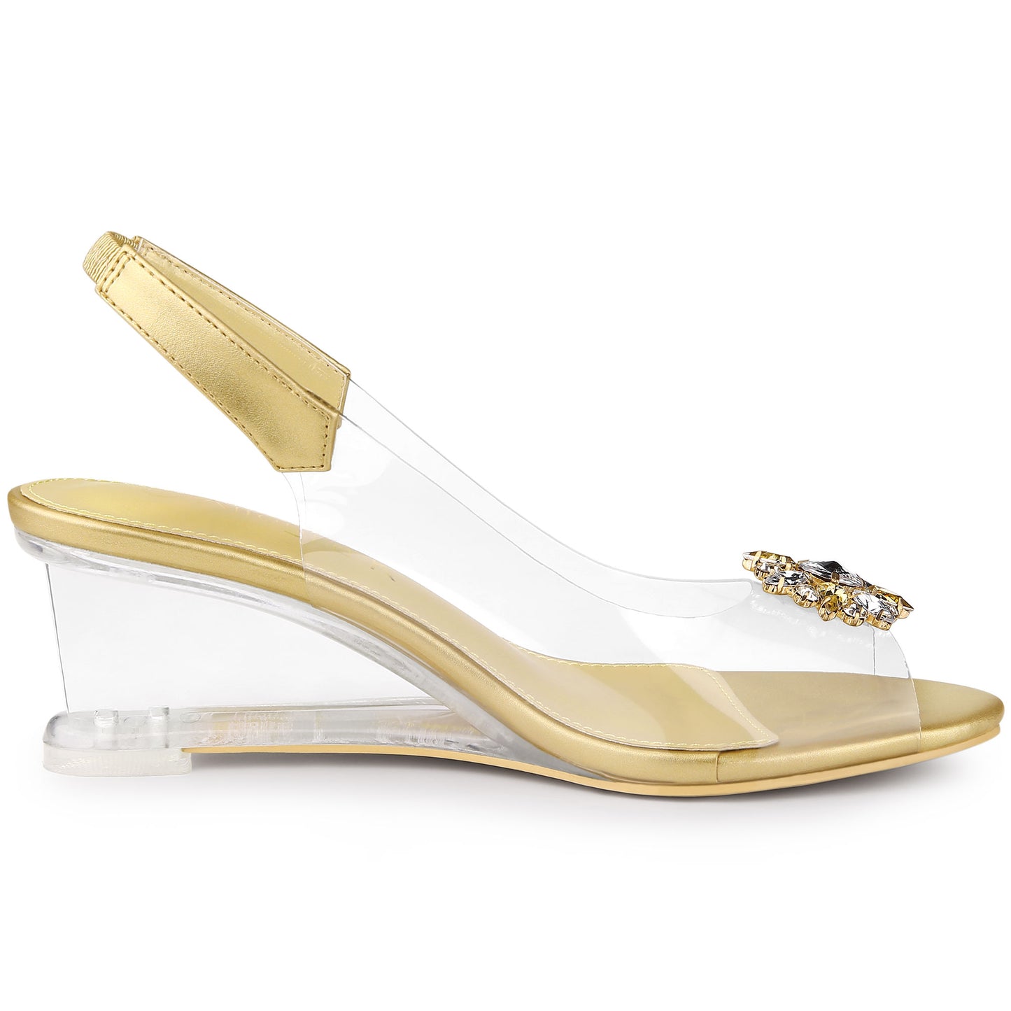 Sandalias de mujer con punta abierta, tacones de cuña transparentes y diamantes de imitación