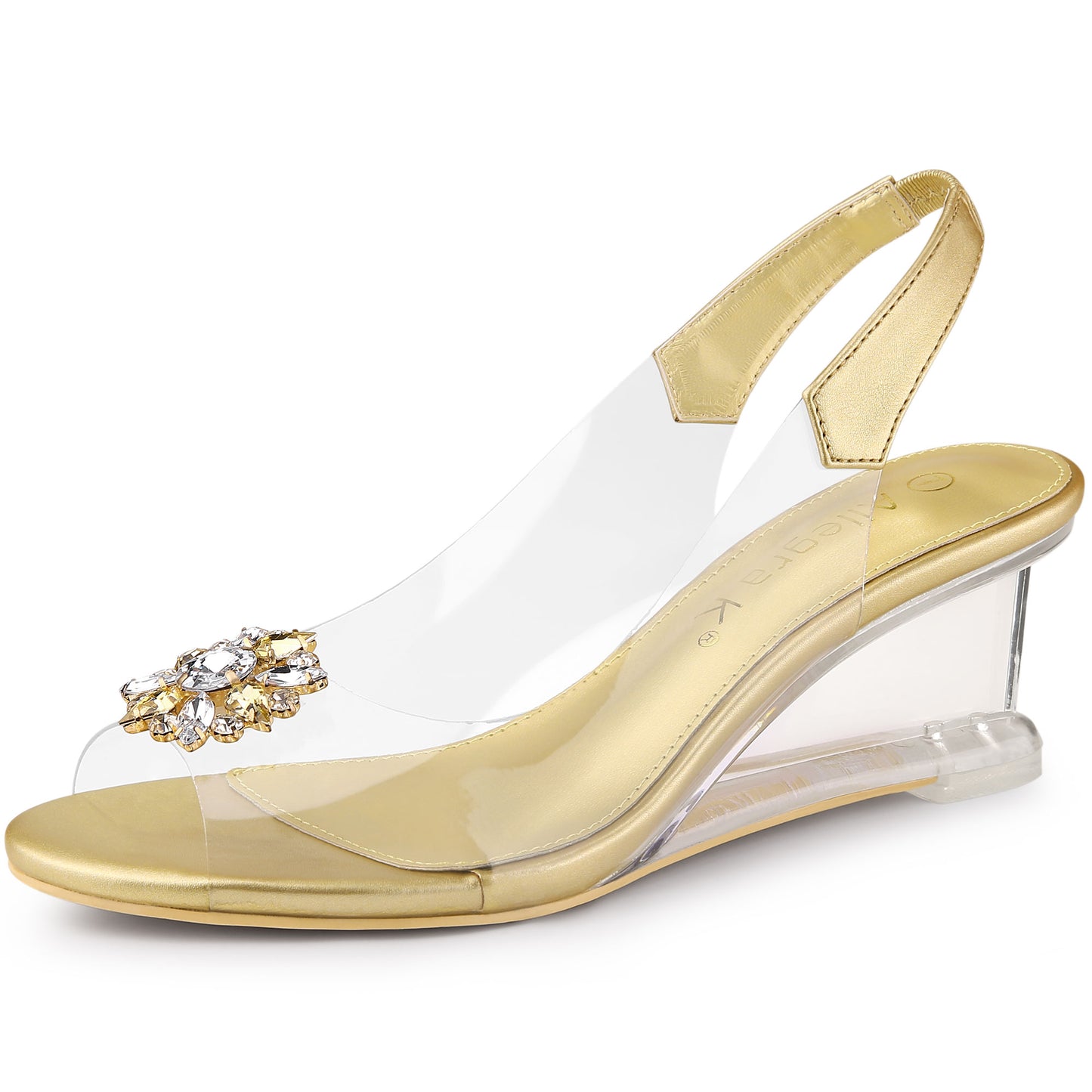 Sandalias de mujer con punta abierta, tacones de cuña transparentes y diamantes de imitación