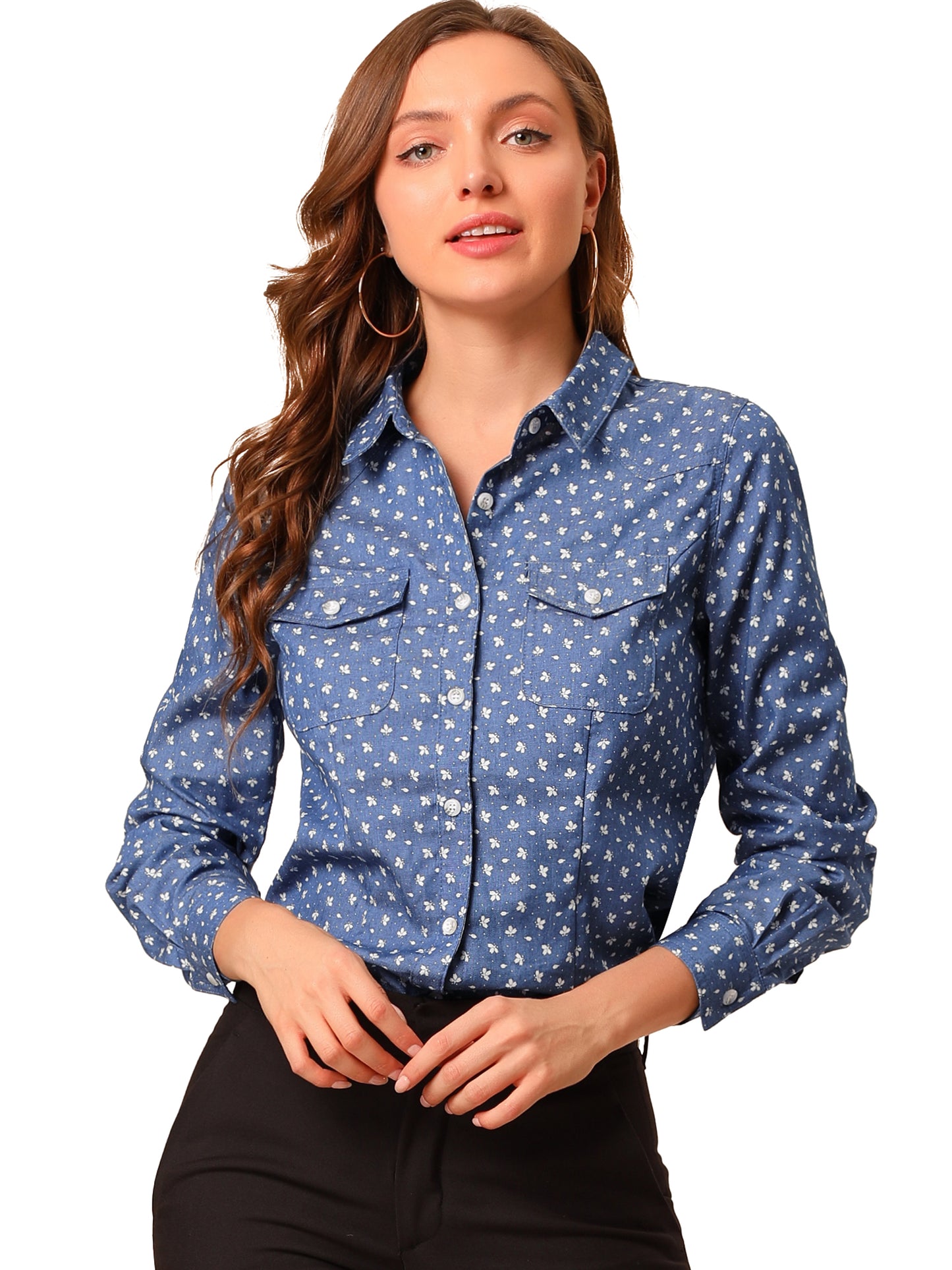 Women's Long Sleeve Point Collar Chambray Poplin Button Down Denim Shirt