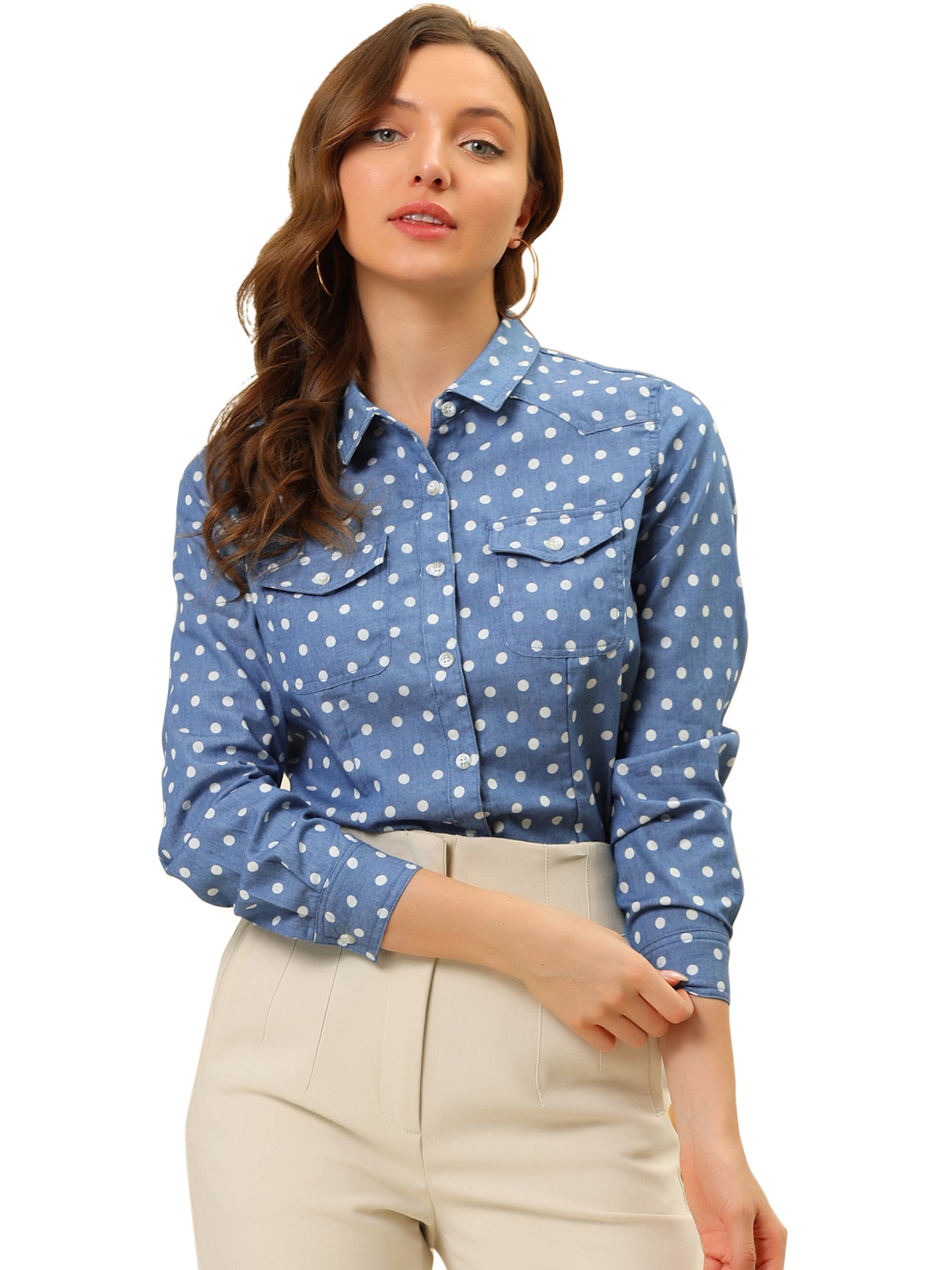 Women's Long Sleeve Point Collar Chambray Poplin Button Down Denim Shirt