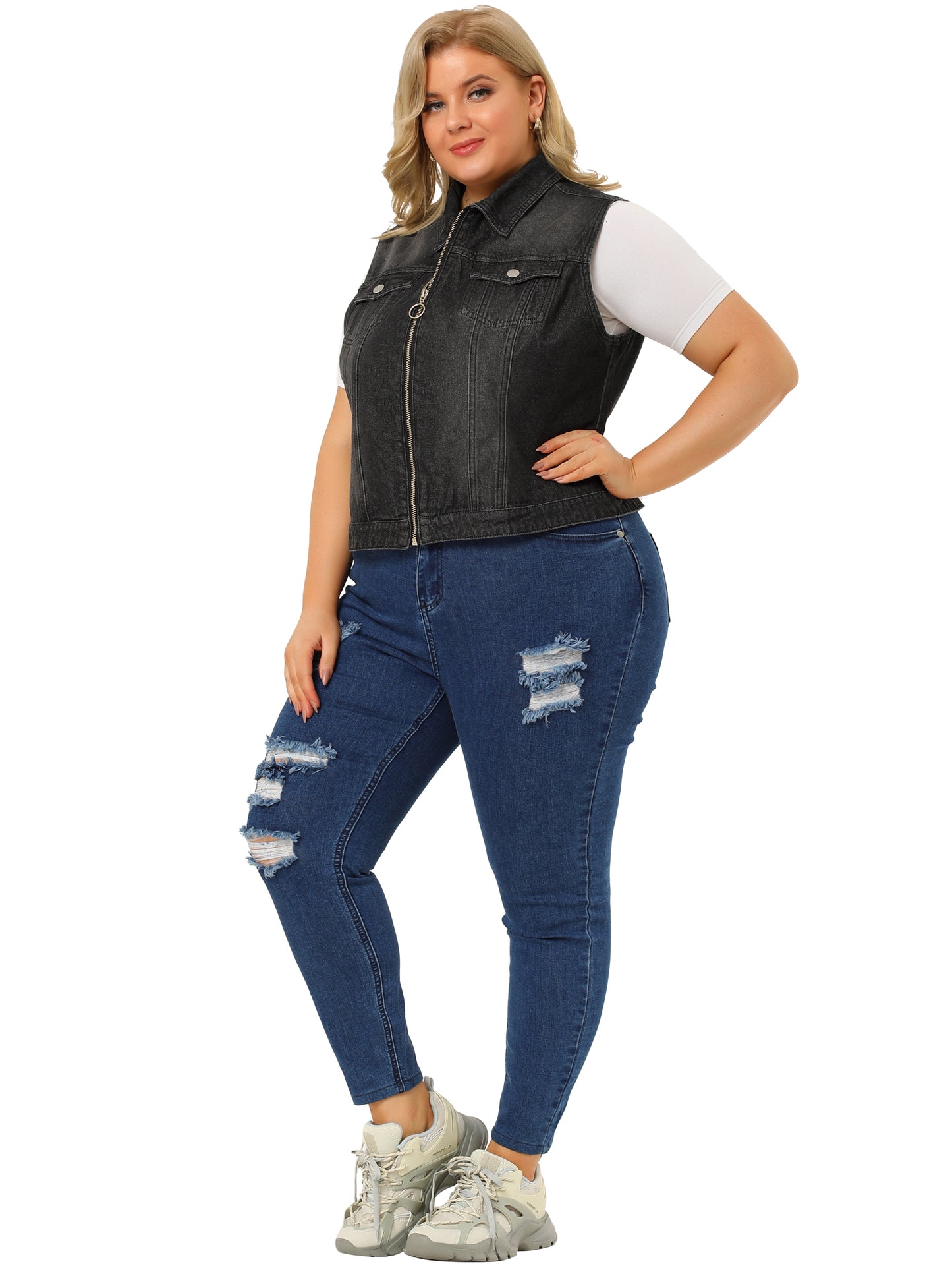 Women Plus Size Denim Vest Sleeveless Zip Up Button Down Waistcoat Jeans Jackets Vests