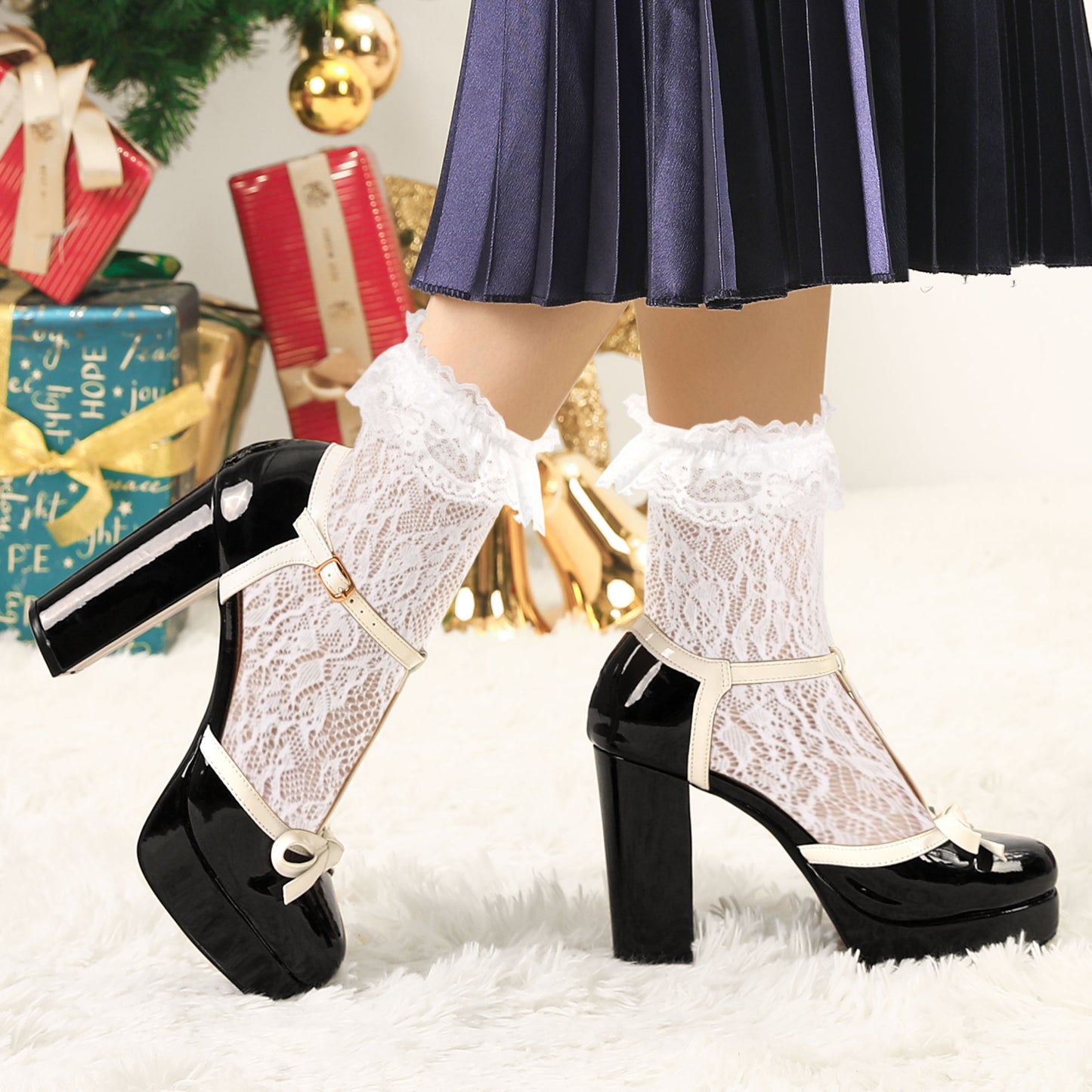 Zapatos de tacón grueso con plataforma y lazo en T para mujer