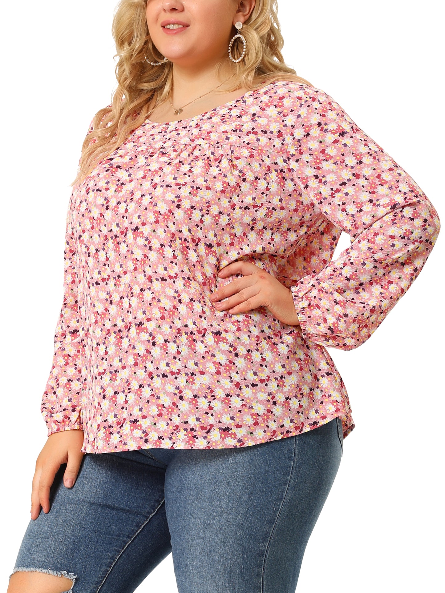 Women Plus Size Long Sleeve Floral Print Casual Blouse Top
