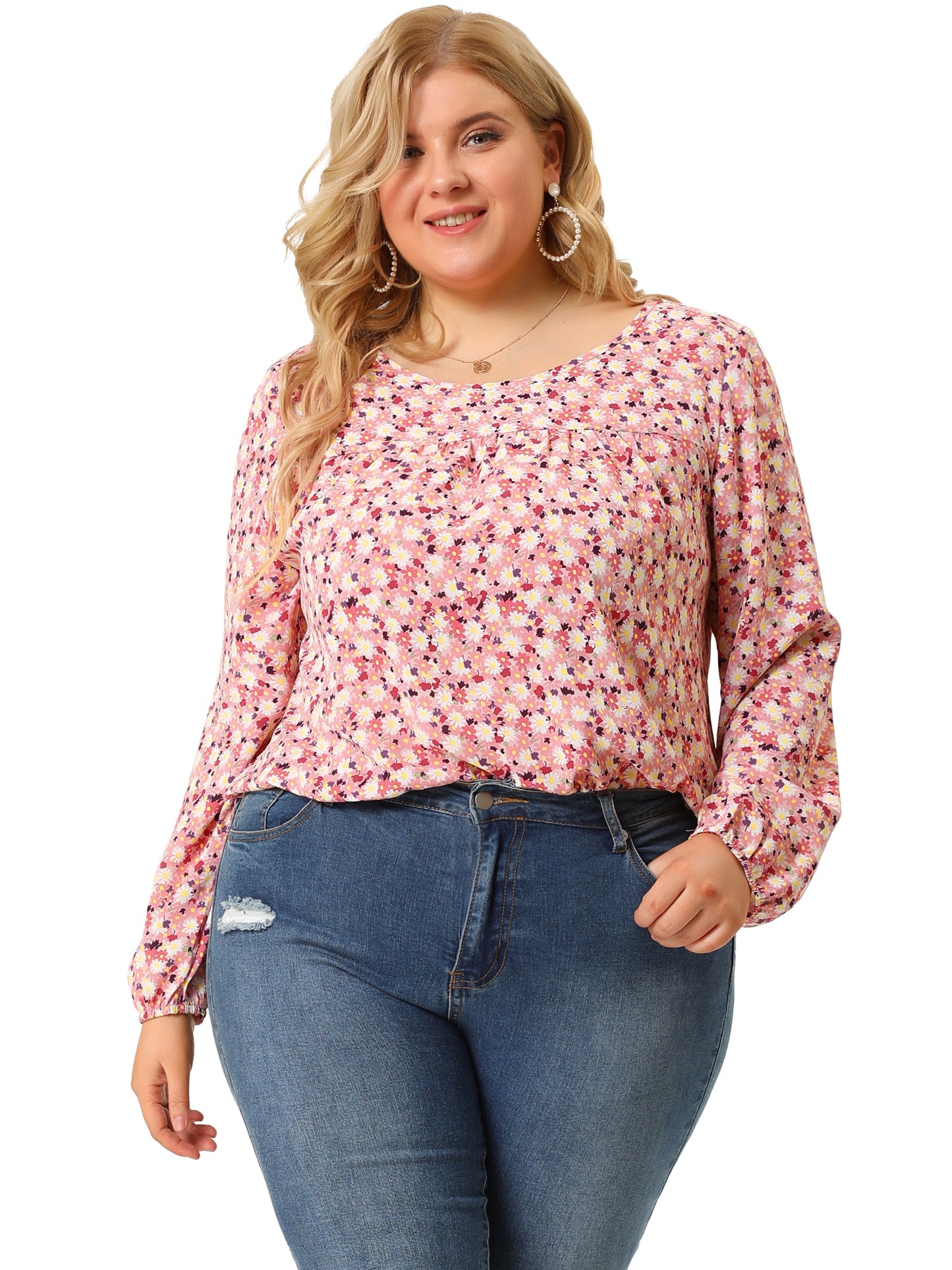 Women Plus Size Long Sleeve Floral Print Casual Blouse Top
