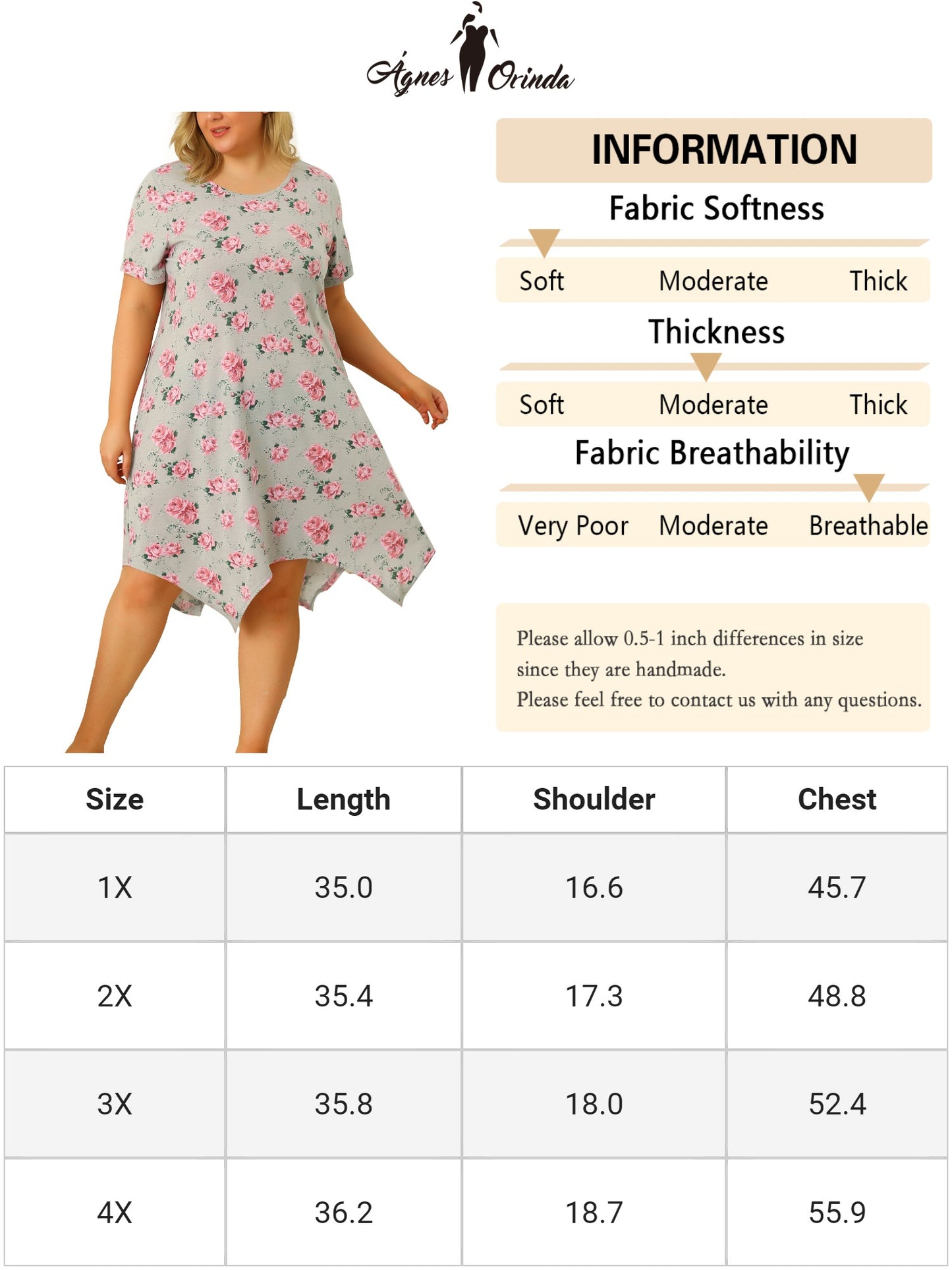 Women Plus Size Nightgowns Rose Floral Nightshirt Sleepwear Sleepdress