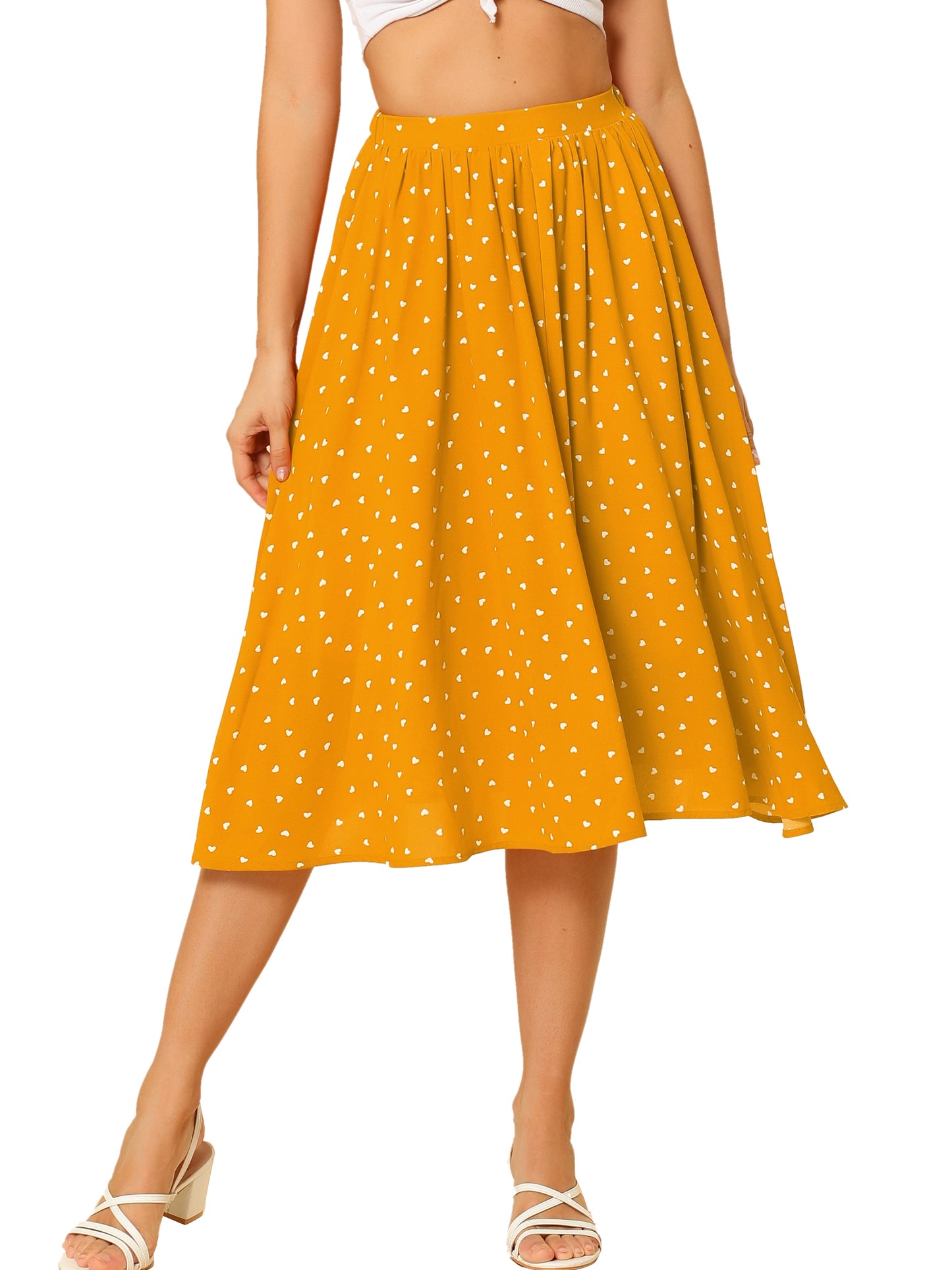 Women's Flowy A-Line Polka Dots Print Elastic Waist Flare Swing Midi Skirt