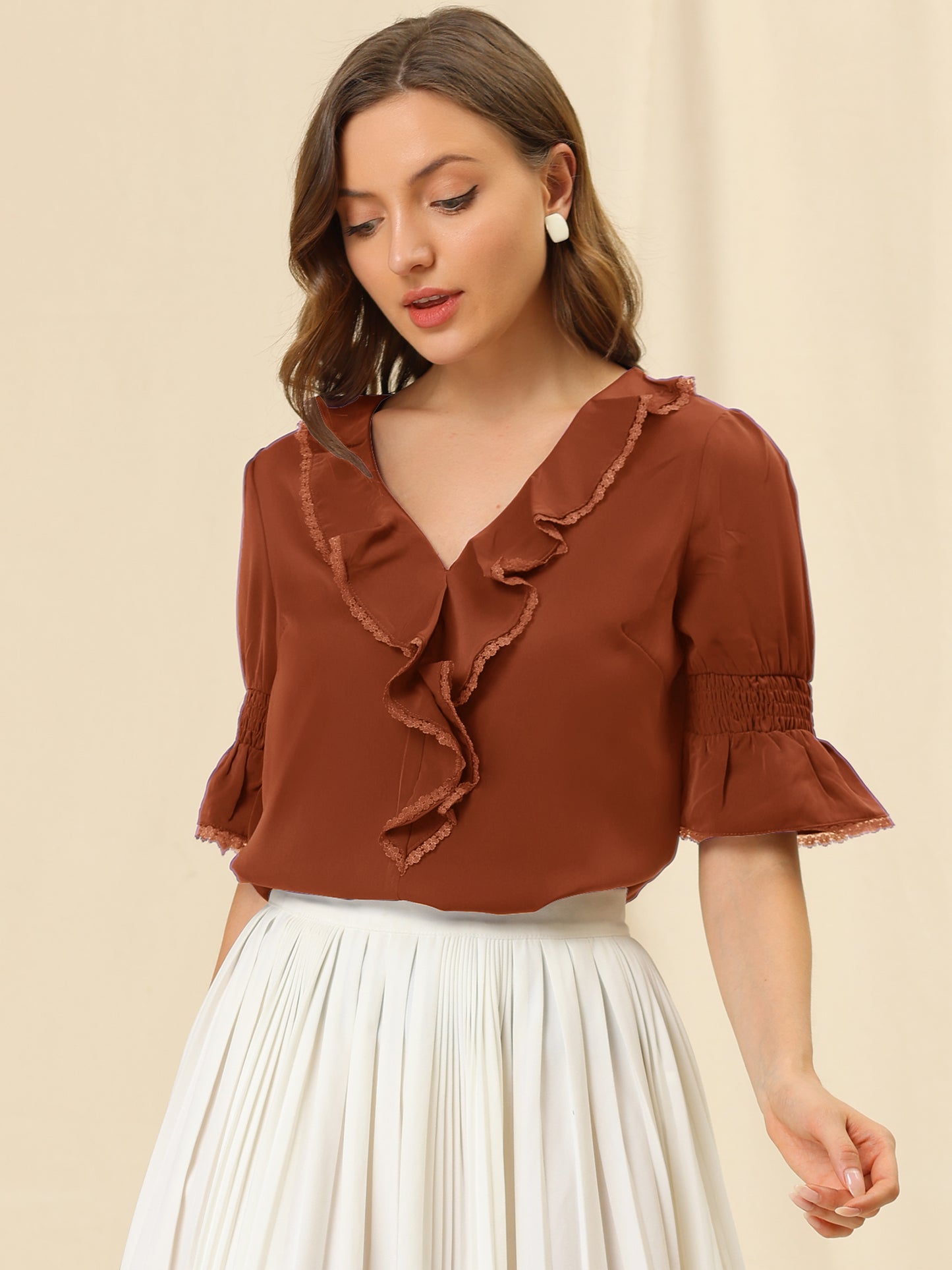 Women's Ruffle V Neck Puff Sleeve Blouse Summer Casual Chiffon Top
