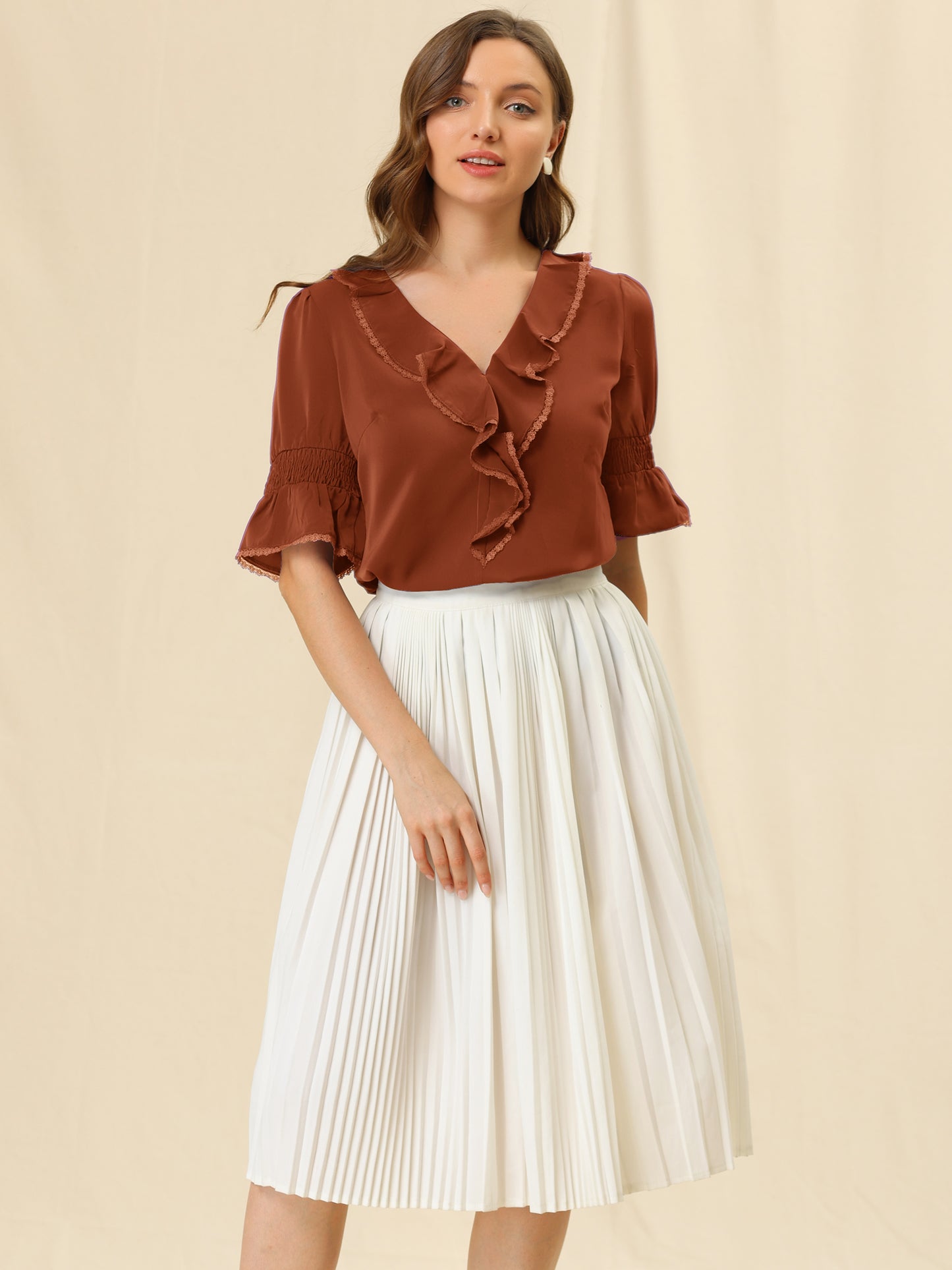 Women's Ruffle V Neck Puff Sleeve Blouse Summer Casual Chiffon Top