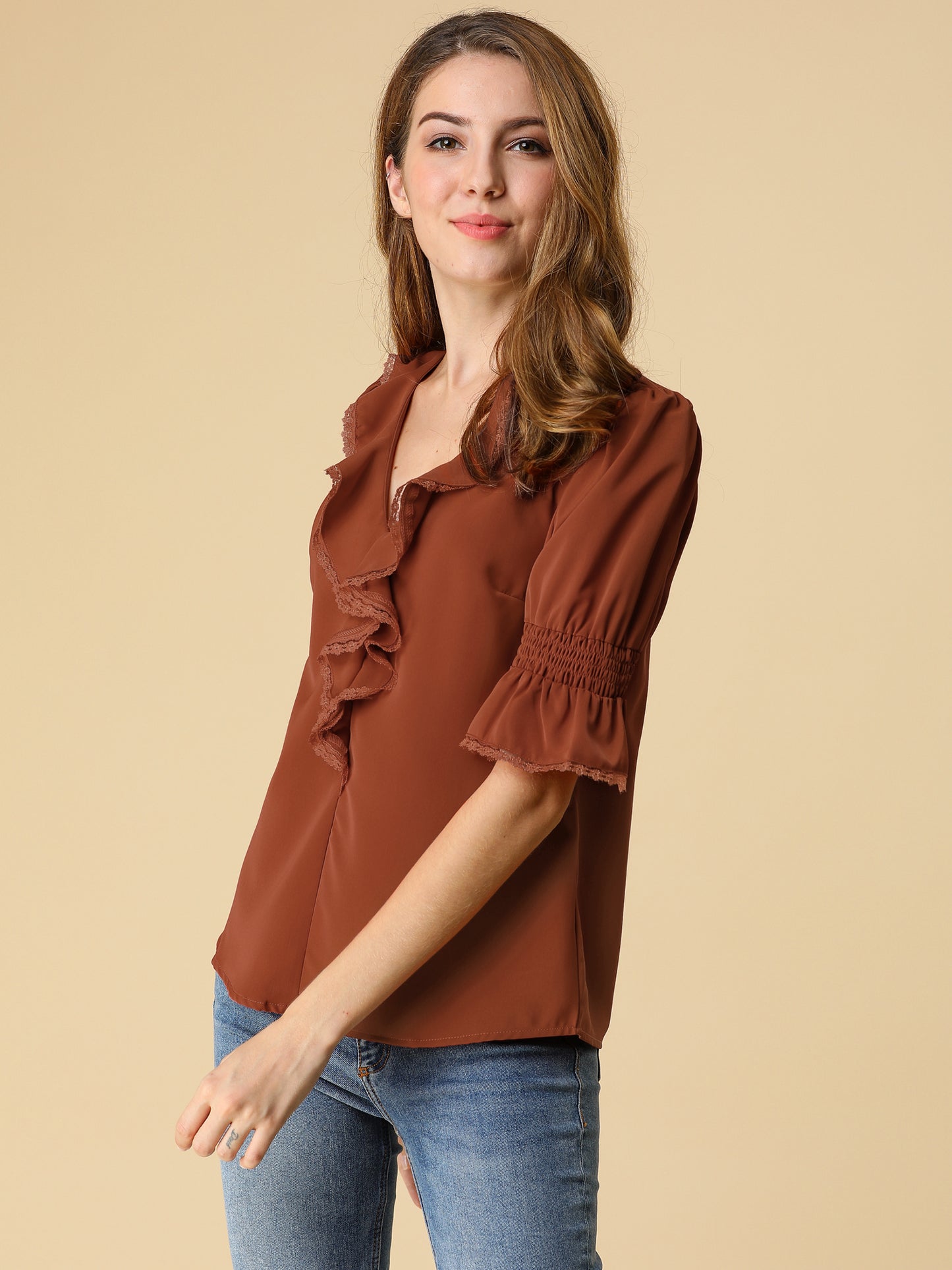 Women's Ruffle V Neck Puff Sleeve Blouse Summer Casual Chiffon Top