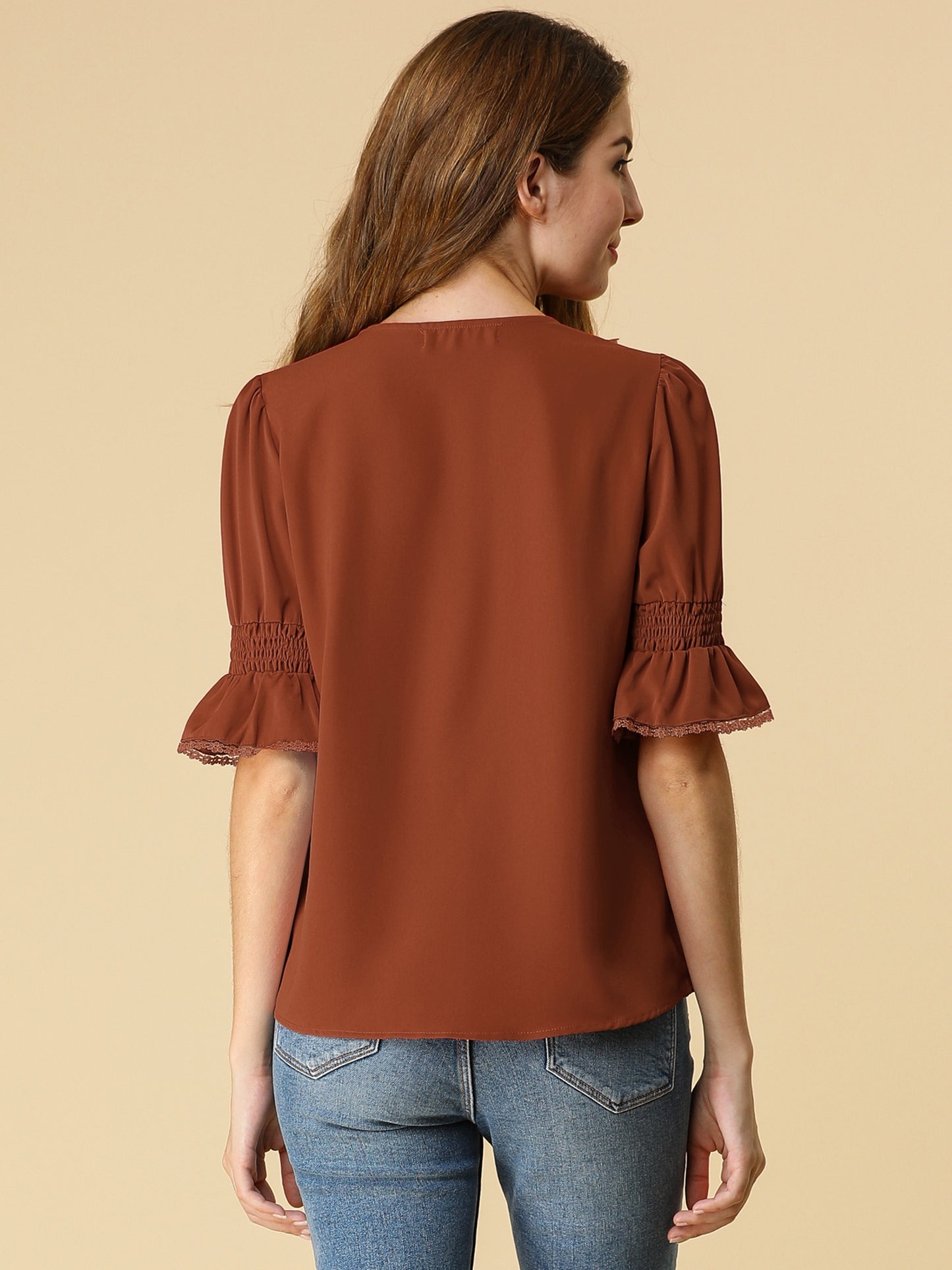 Women's Ruffle V Neck Puff Sleeve Blouse Summer Casual Chiffon Top
