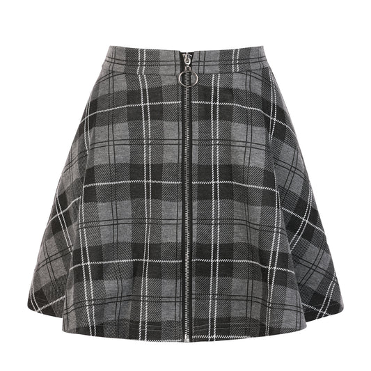 Women's Plaid High Waist Casual A-Line Flare Zip-Up Preppy Checks Flare Mini Skirts