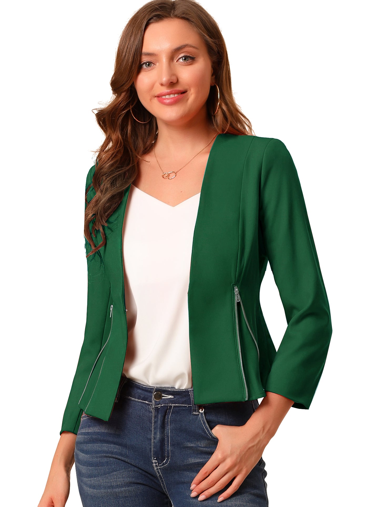 Women's Work Office Open Front Zipper Collarless Cropped Blazer