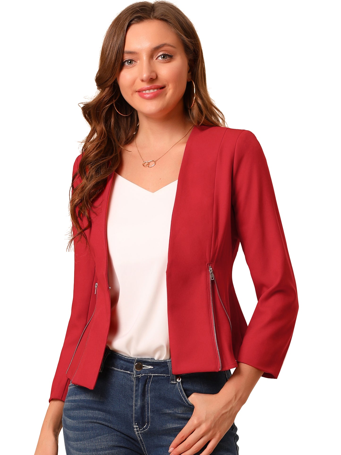 Women's Work Office Open Front Zipper Collarless Cropped Blazer