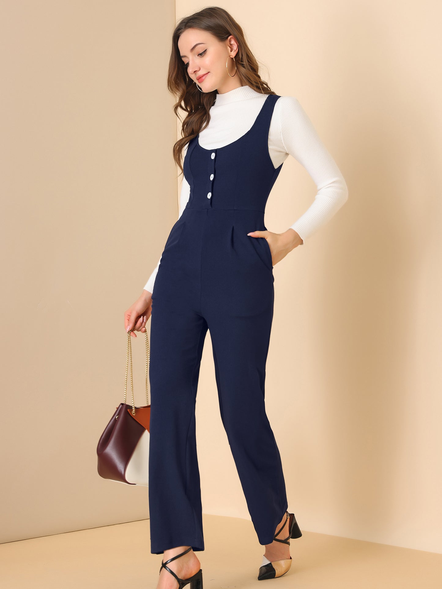 Women's High Waist Casual Wide Leg Pants Overalls Jumpsuit