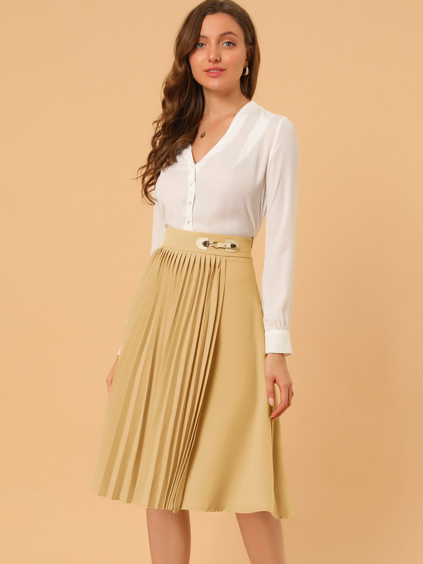 Women's Pleated Knee Length High Waist Skirt