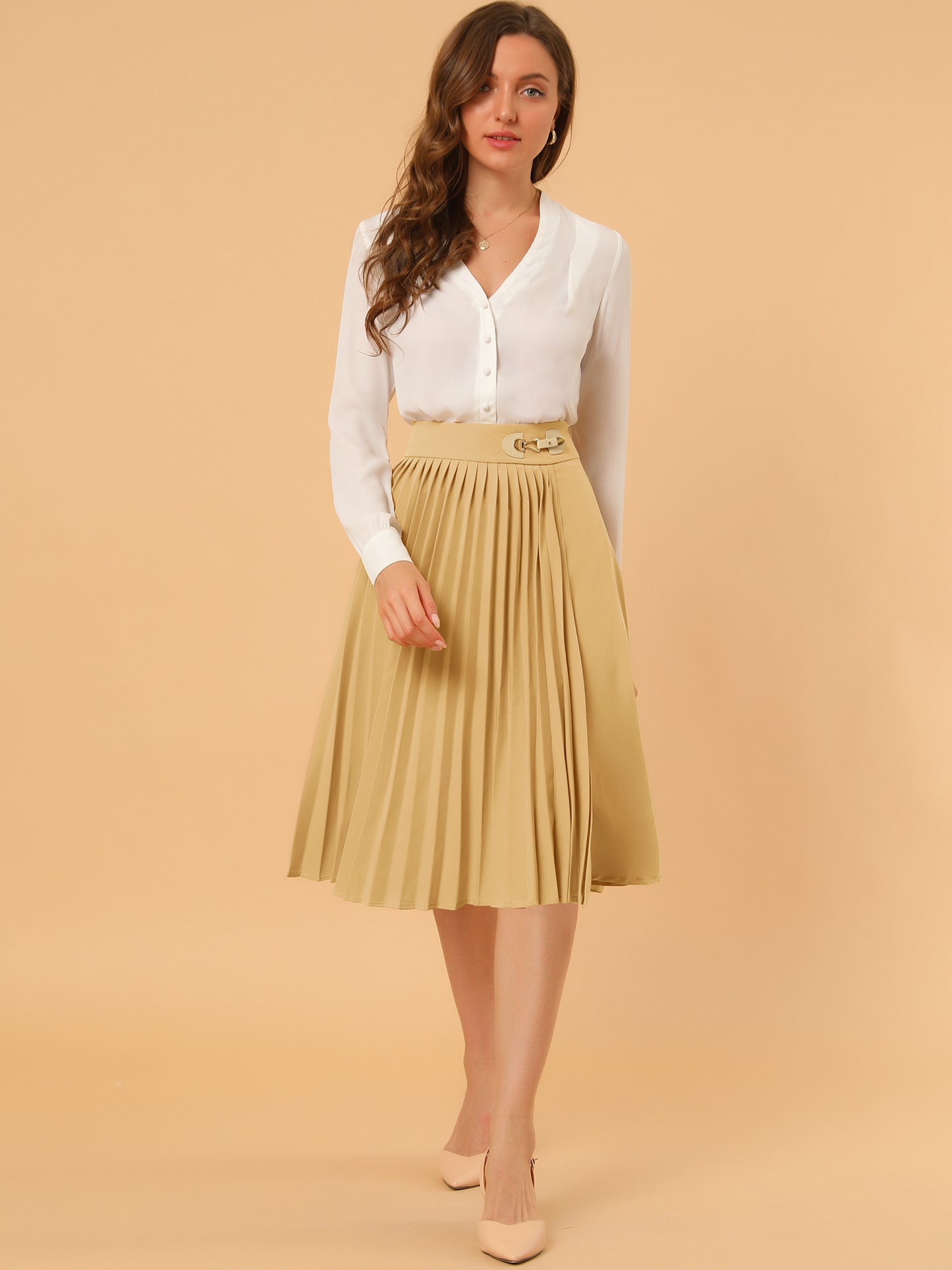 Women's Pleated Knee Length High Waist Skirt