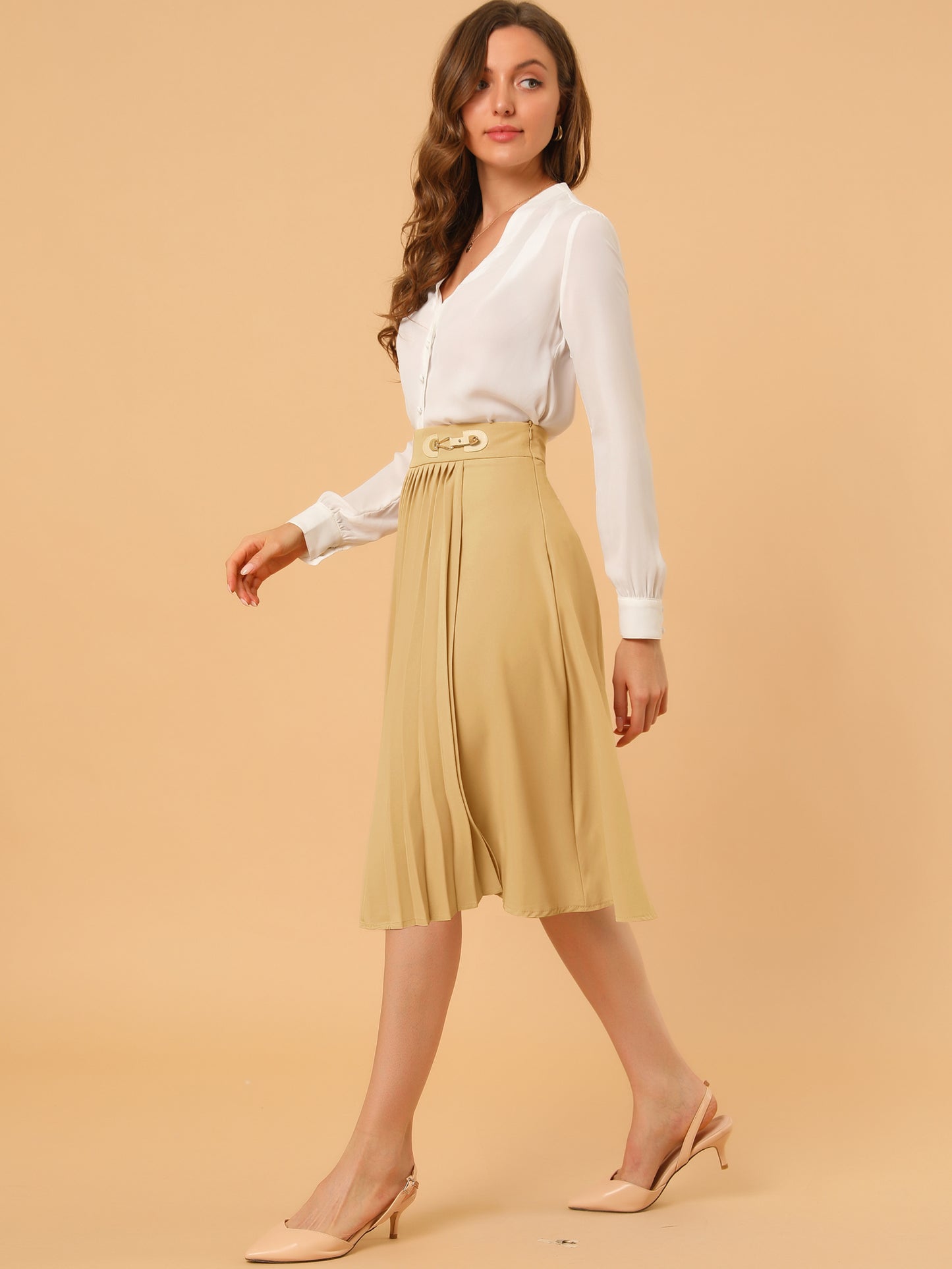 Women's Pleated Knee Length High Waist Skirt