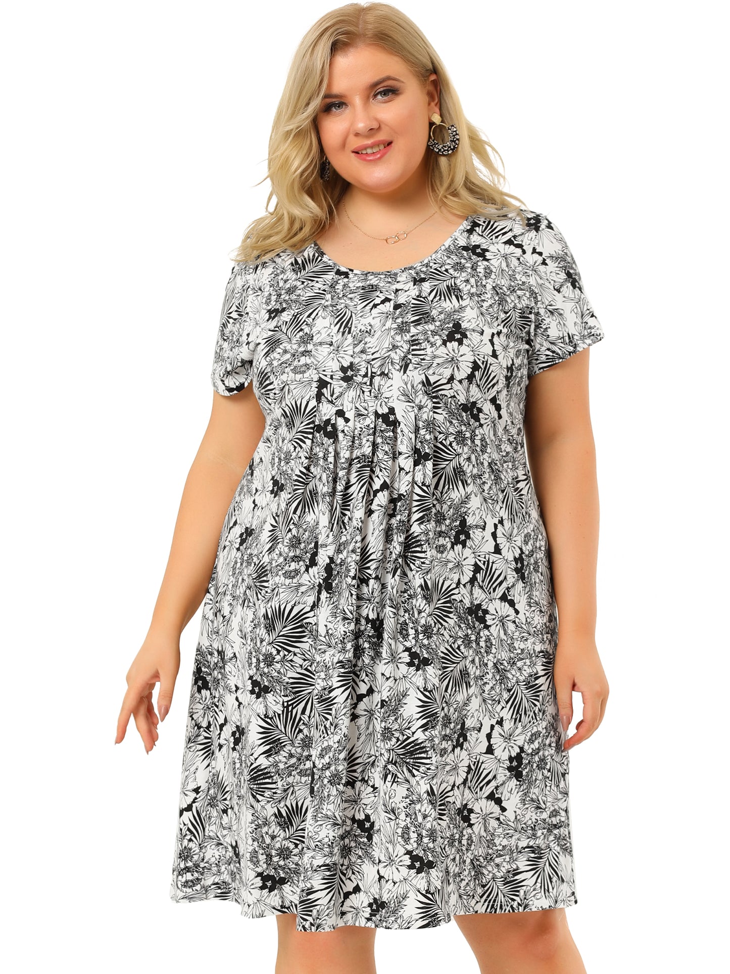 Women Plus Size Short Sleeves Pleated Summer Casual Loose Floral Dress