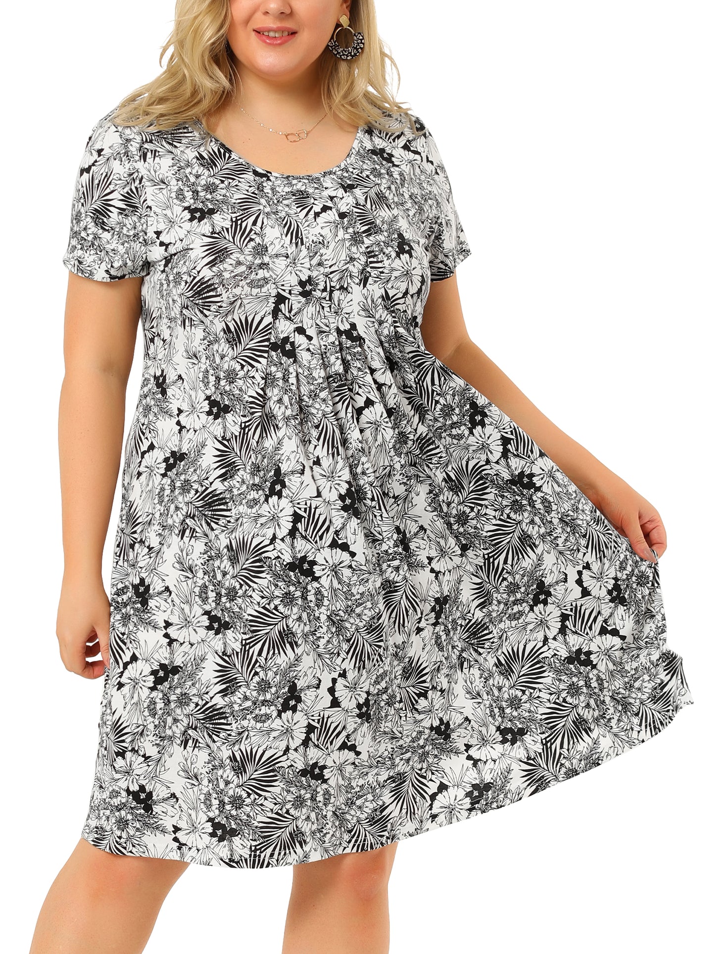 Women Plus Size Short Sleeves Pleated Summer Casual Loose Floral Dress