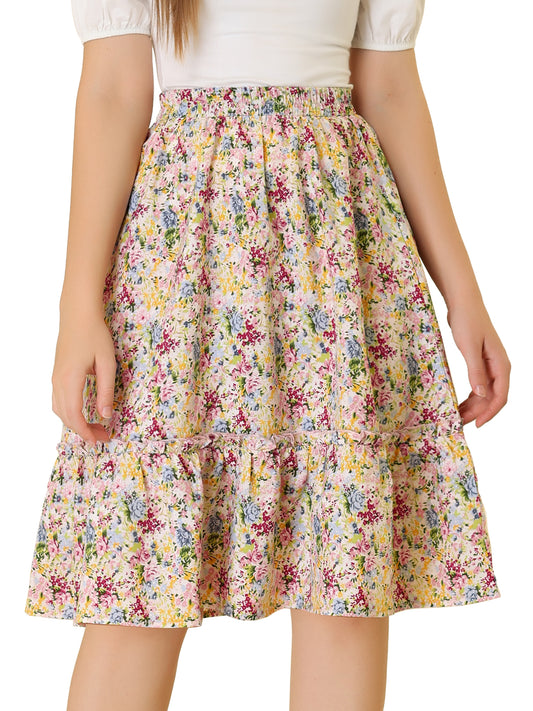 Women's Knee Length Skirt Floral Elastic Waist Flowy Tiered A-Line Ruffle Skirt