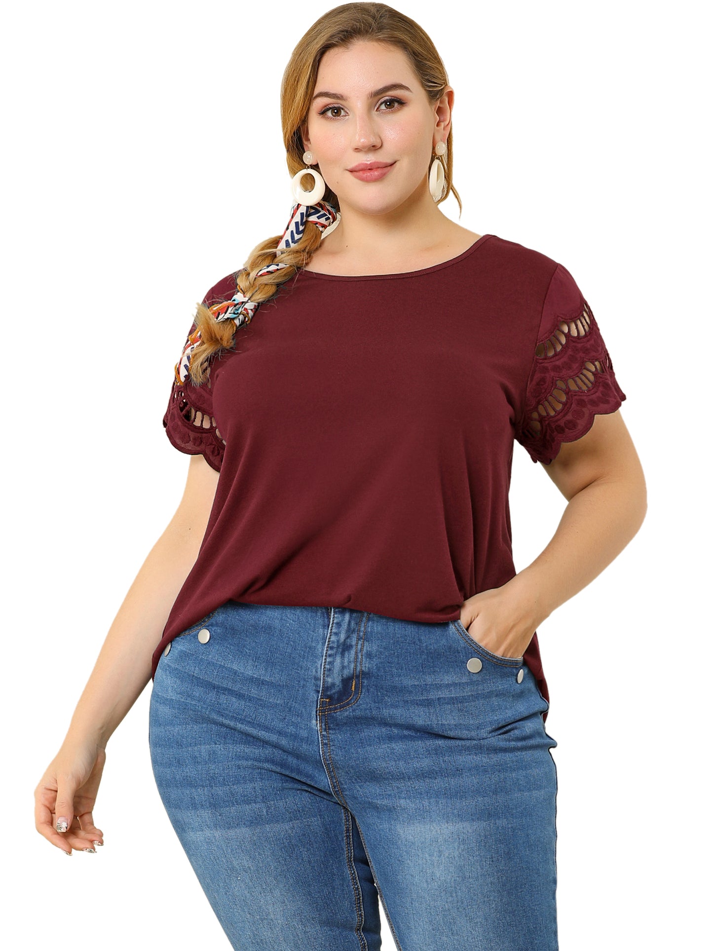 Women's Plus Size Top Round Neck Lace Panel Hollow Short Sleeve Elegant Summer Blouse