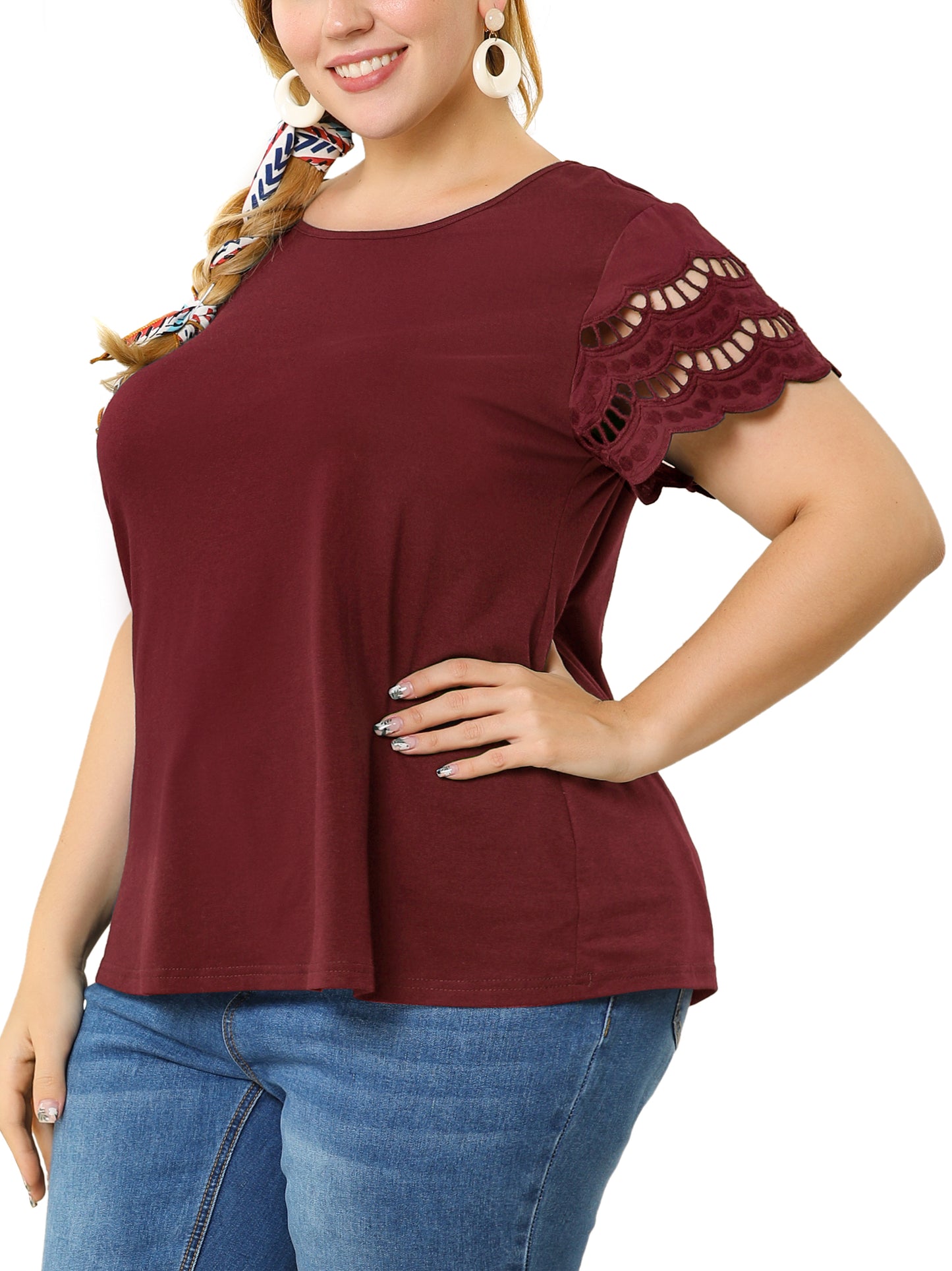 Women's Plus Size Top Round Neck Lace Panel Hollow Short Sleeve Elegant Summer Blouse