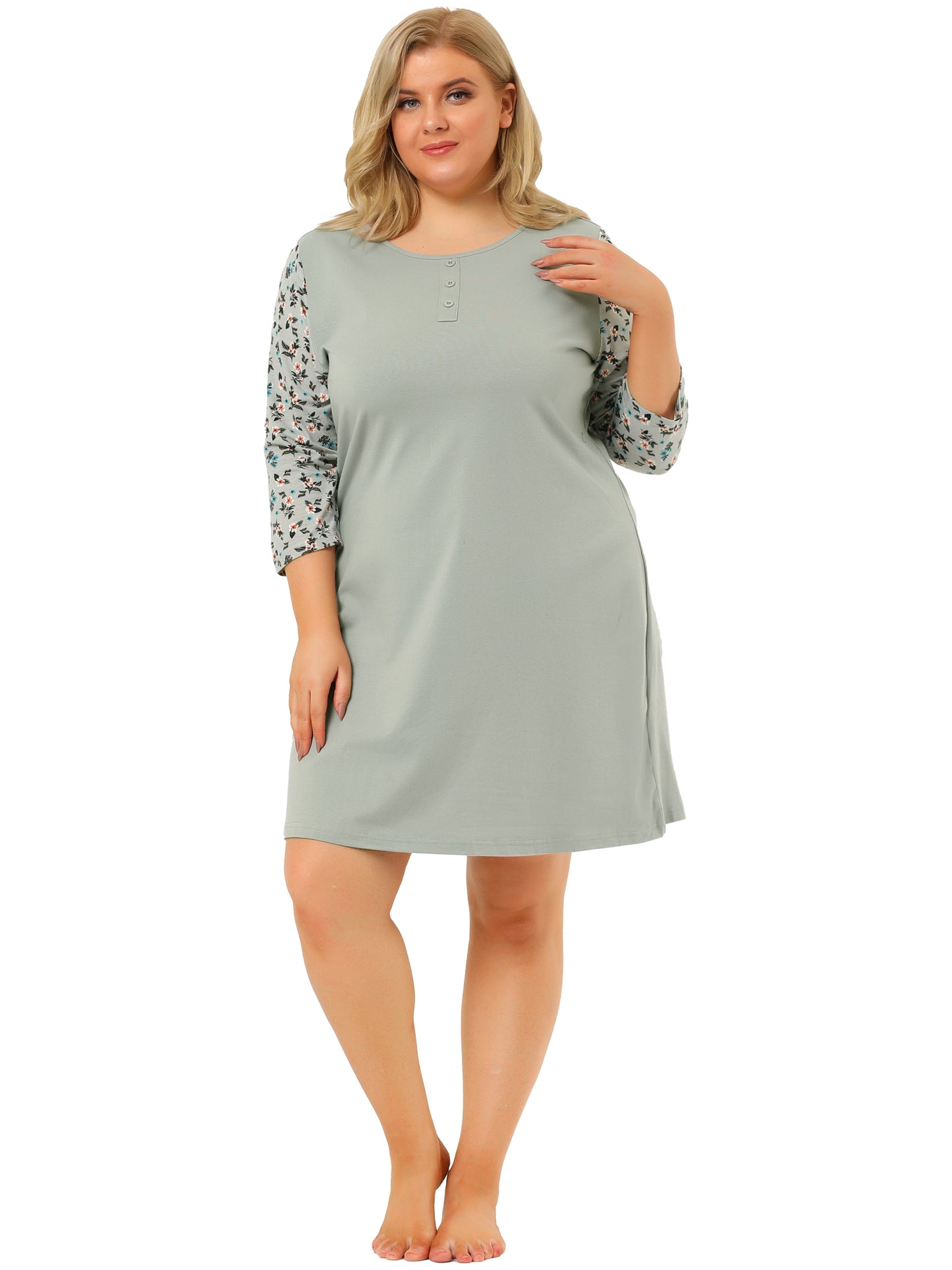 Women Plus Size Nightgown Floral 3/4 Sleeve Sleepwear Sleepshirt
