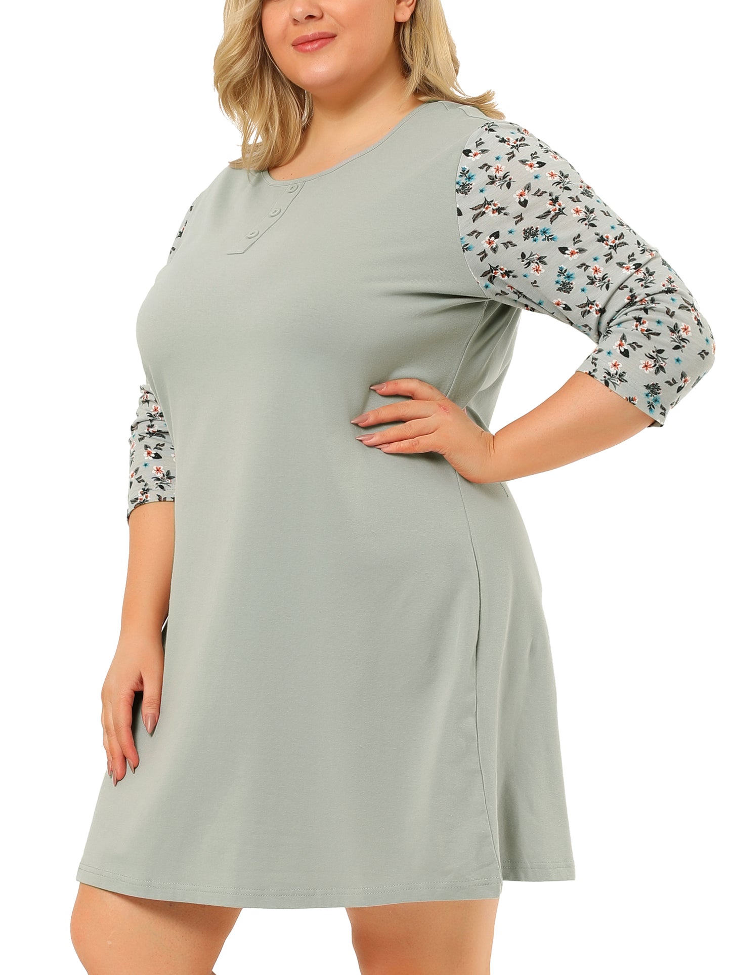 Women Plus Size Nightgown Floral 3/4 Sleeve Sleepwear Sleepshirt