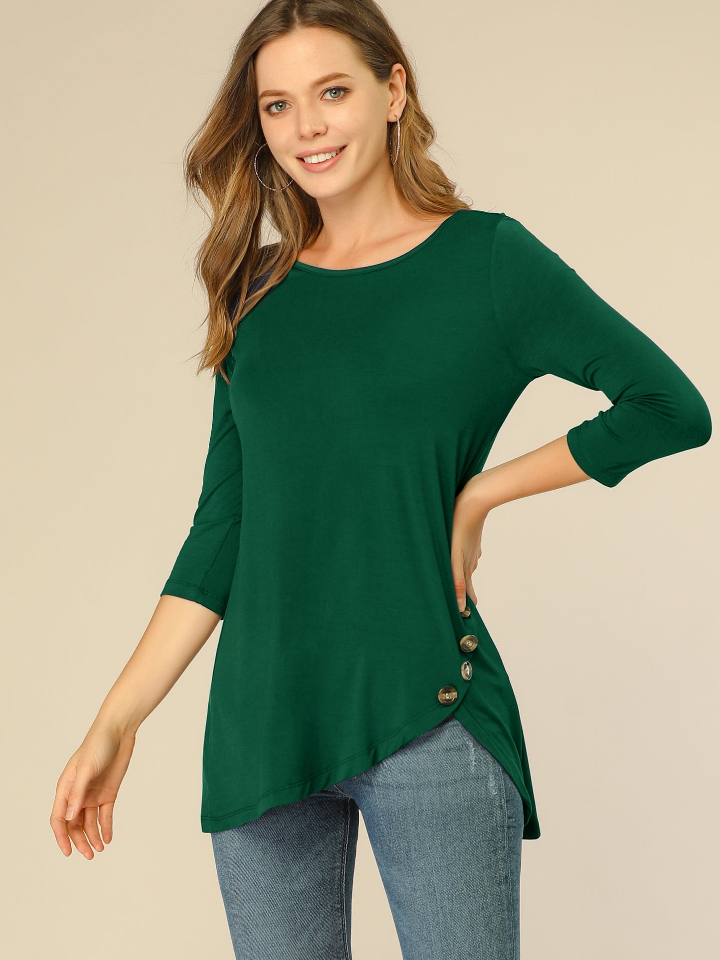 Women's Tunic T-shirt Loose Asymmetry Hem 3/4 Sleeve Round Neck Casual Basic Top (Available in Plus Size)
